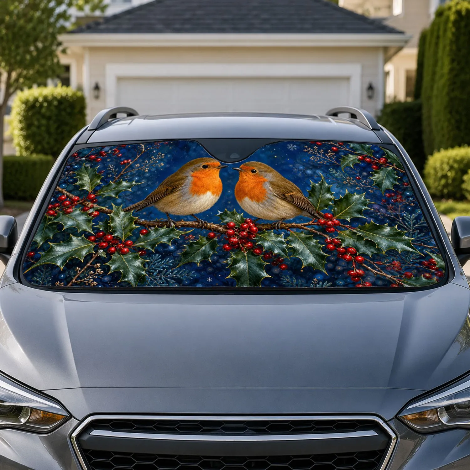 Realistic Robin Pair With Holly Berries For Winter Holiday Decor And Bird Lovers Car Sunshade - 1