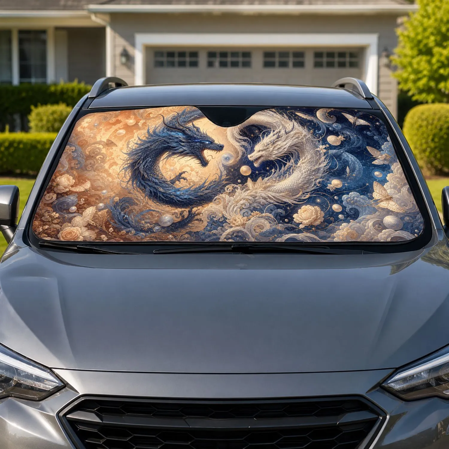 Celestial Yin Yang Dragon Fantasy With Roses And Stars For Mystic Home Decor Lovers Car Sunshade - 1