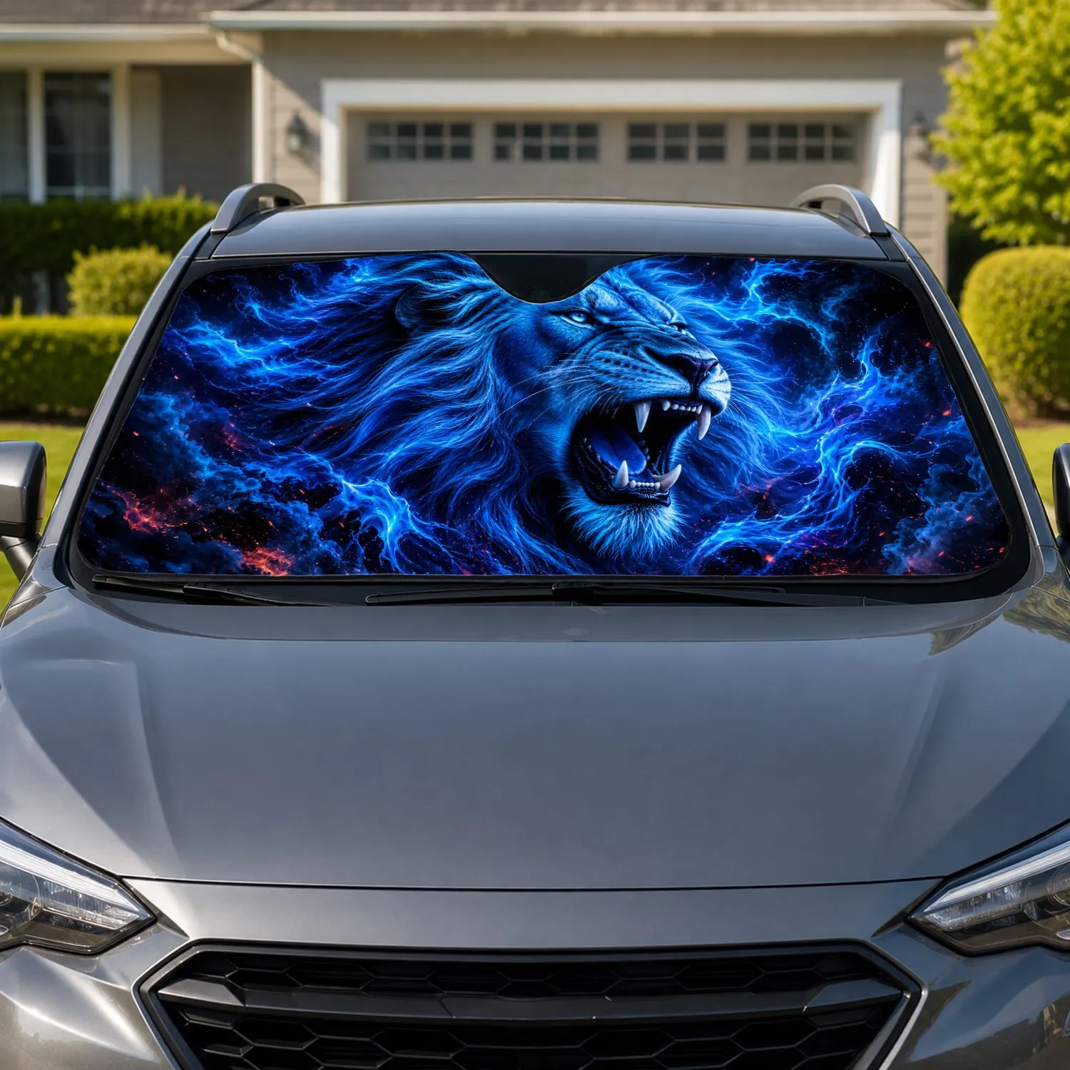 Roaring Blue Lion Head With Electric Mane For Fantasy Wildlife Fans And Bold Rides Car Sunshade - 1