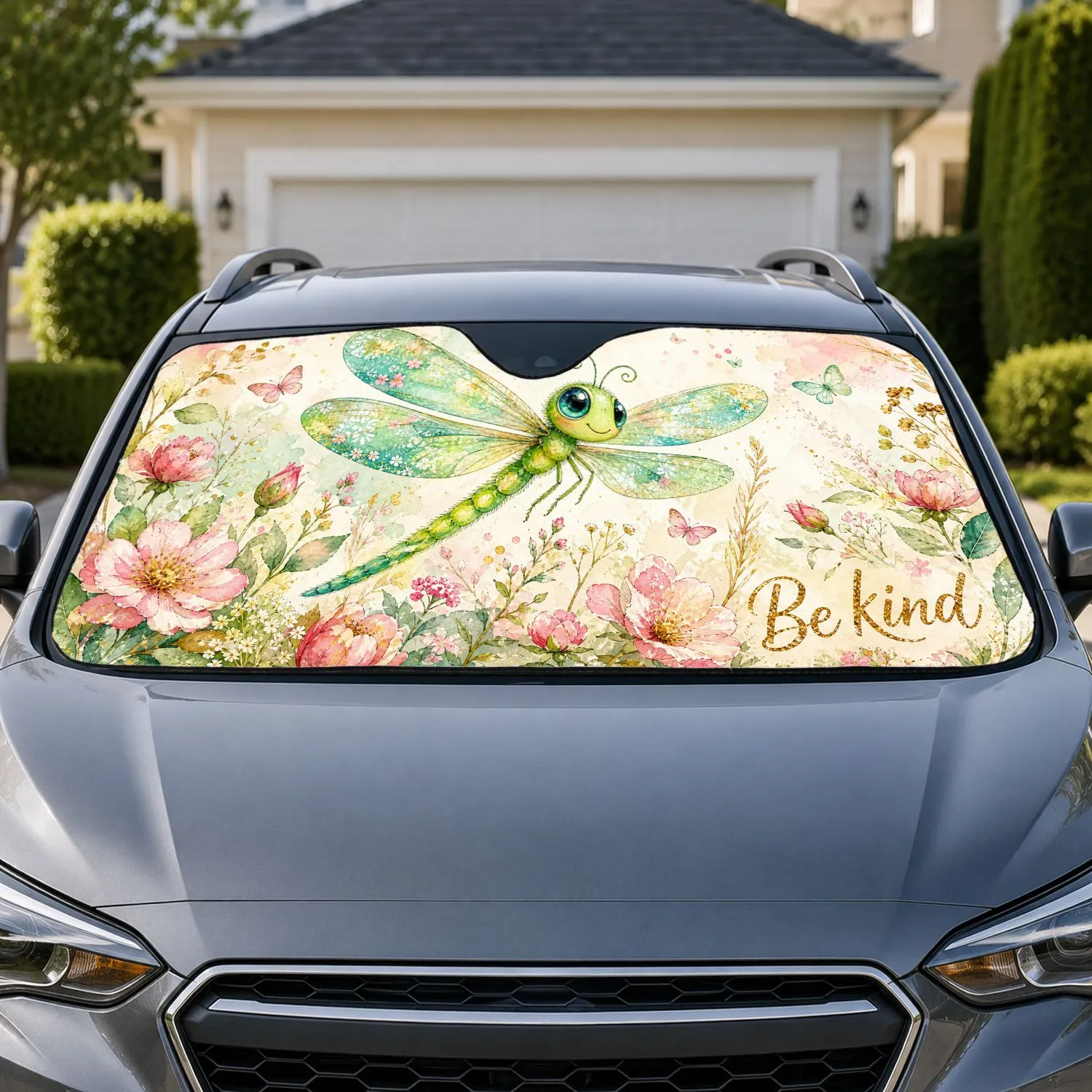 Watercolor Dragonfly With Pink Wildflowers For Nature Lovers Garden Decor Vibes Gift Car Sunshade - 1