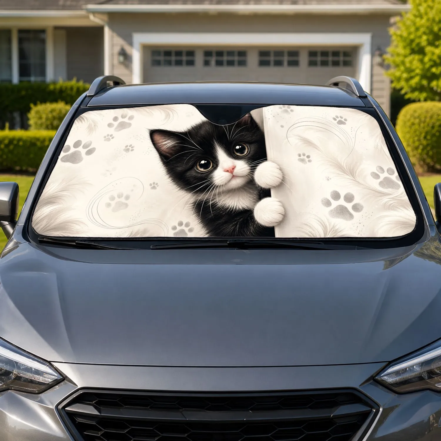 Peekaboo Tuxedo Kitten With Cozy Cream Paw Accents For Everyday Cat Lovers And Pet Moms Car Sunshade - 1