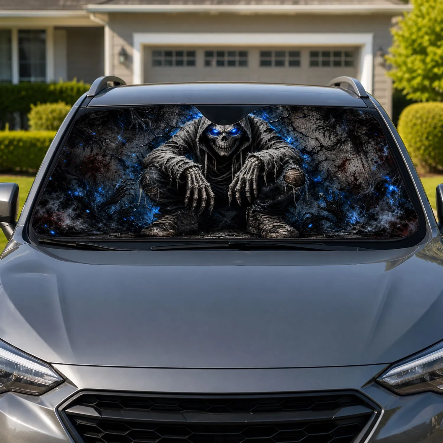 Hooded Skull Phantom With Blue Glowing Eyes Dark Graffiti Horror Street Style Decor Car Sunshade - 1