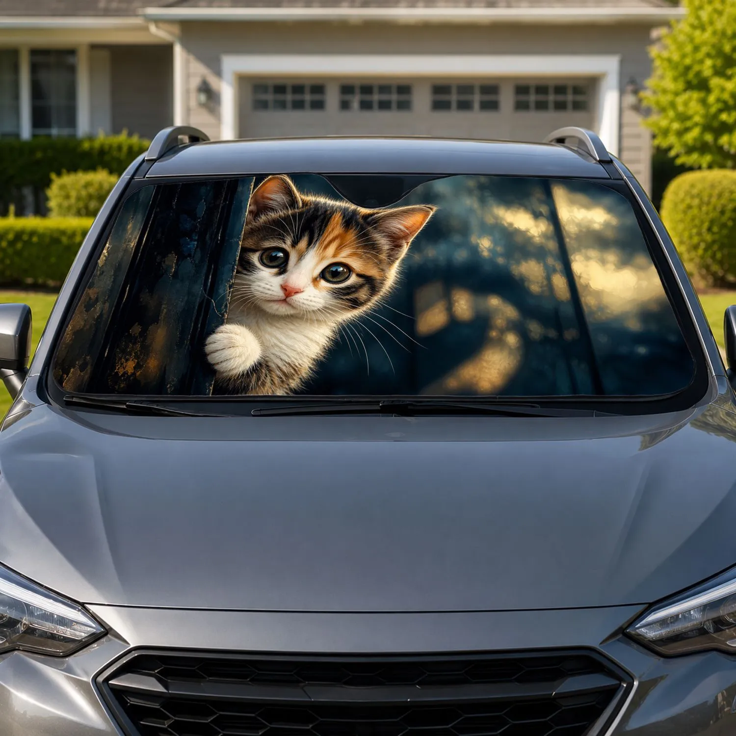 Calico Kitten Peeking Through Dark Glass For Whimsical Cozy Cat Lover Road Trips Car Sunshade - 1