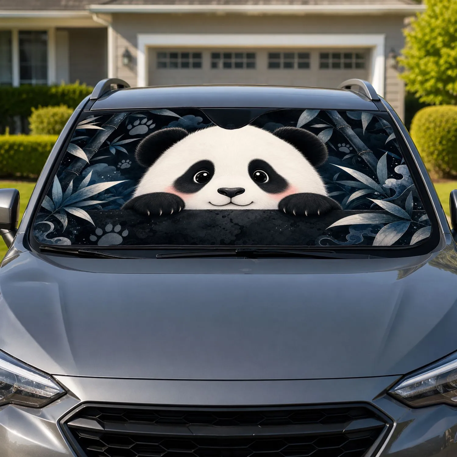 Cute Panda Cub With Bamboo Leaves On Charcoal For Cozy Road Trips And Animal Lovers Car Sunshade - 1