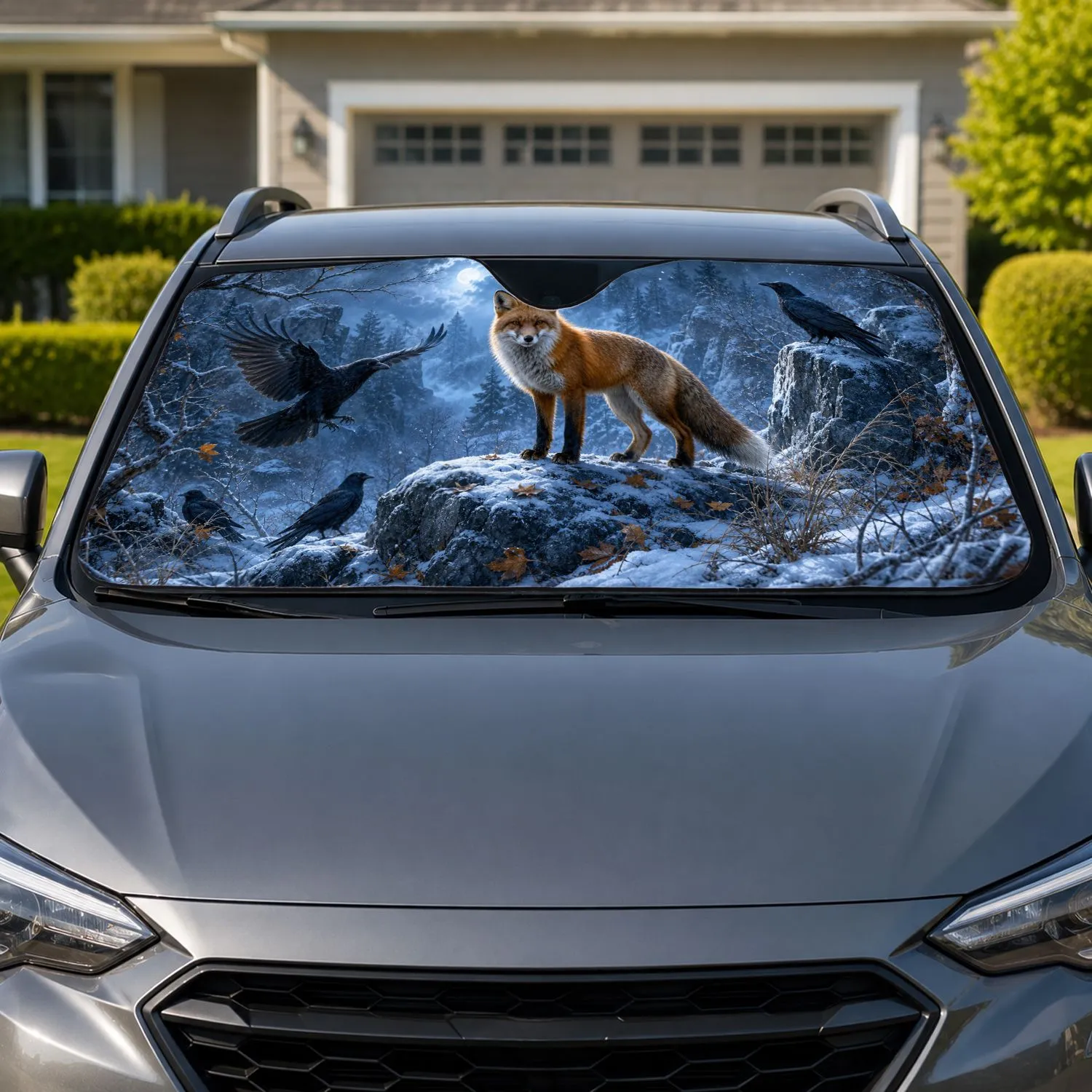 Red Fox And Raven Snowy Woodland Scene For Winter Wildlife Lovers And Cabin Decor Car Sunshade - 1