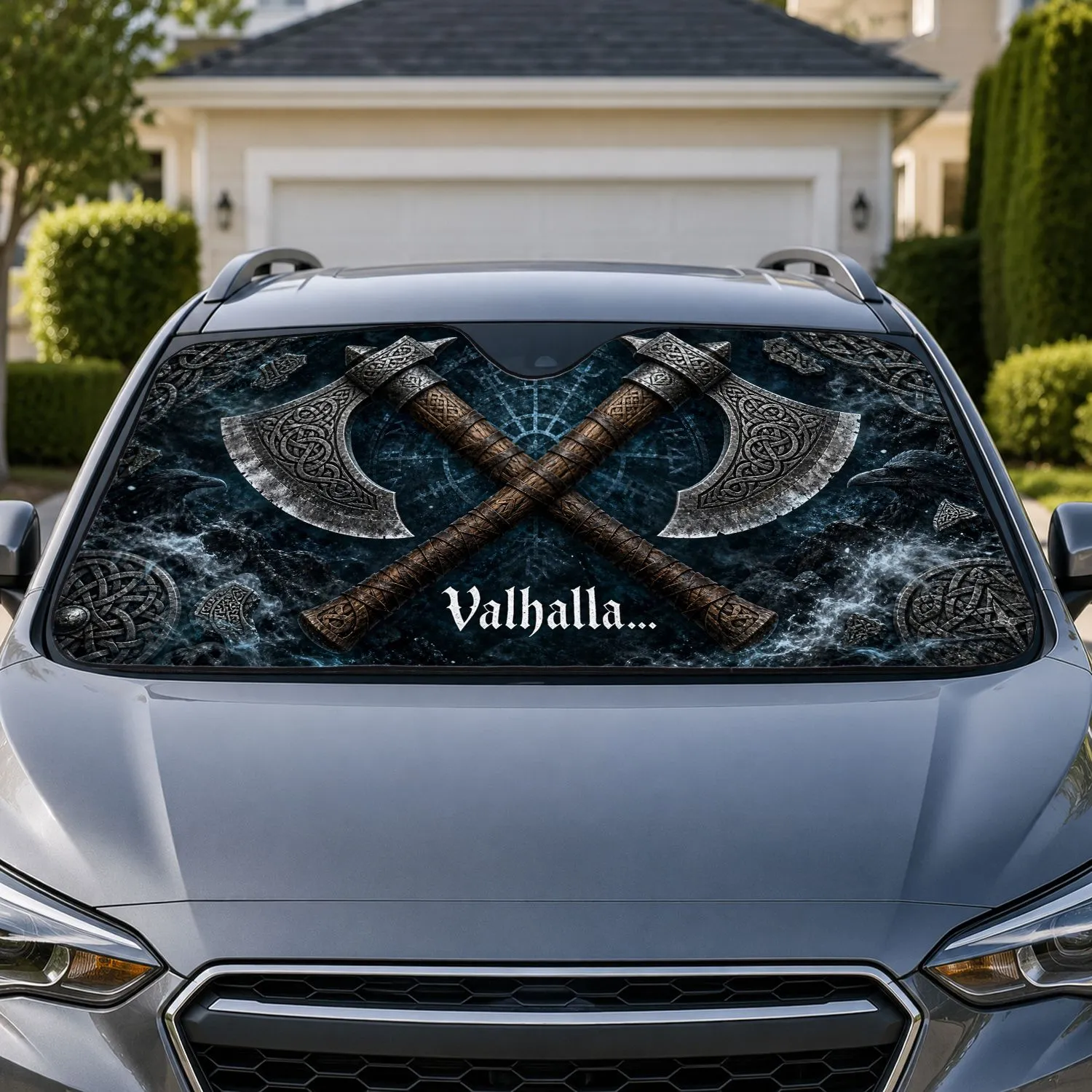 Crossed Viking Battle Axes With Celtic Knots For Norse Mythology Fans And Warriors Car Sunshade - 1