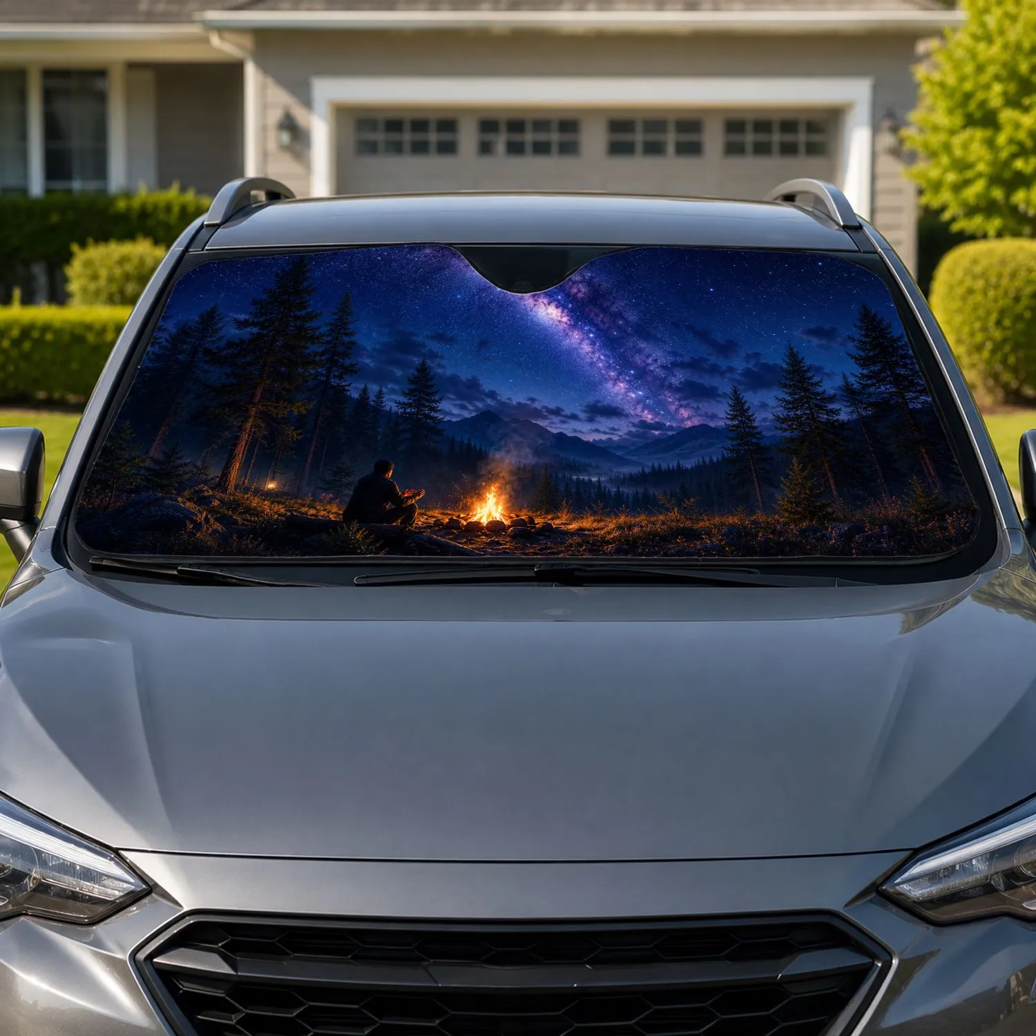 Milky Way Campfire Forest Nightscape For Camping Road Trips And Outdoor Lovers Everywhere Car Sunshade - 1