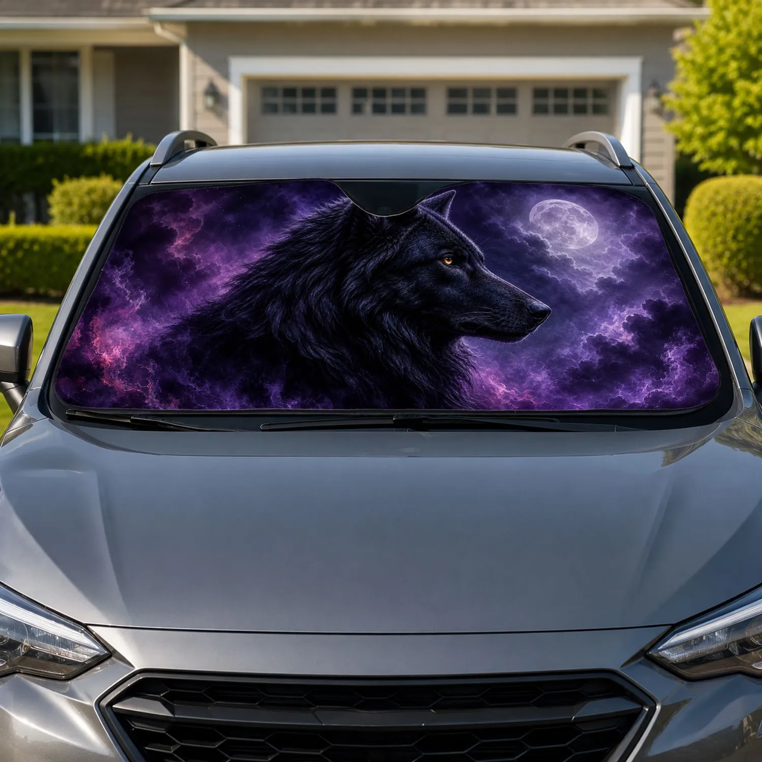 Realistic Black Wolf With Amber Eyes, Purple Night Mist For Gothic Wildlife Fans Car Sunshade - 1