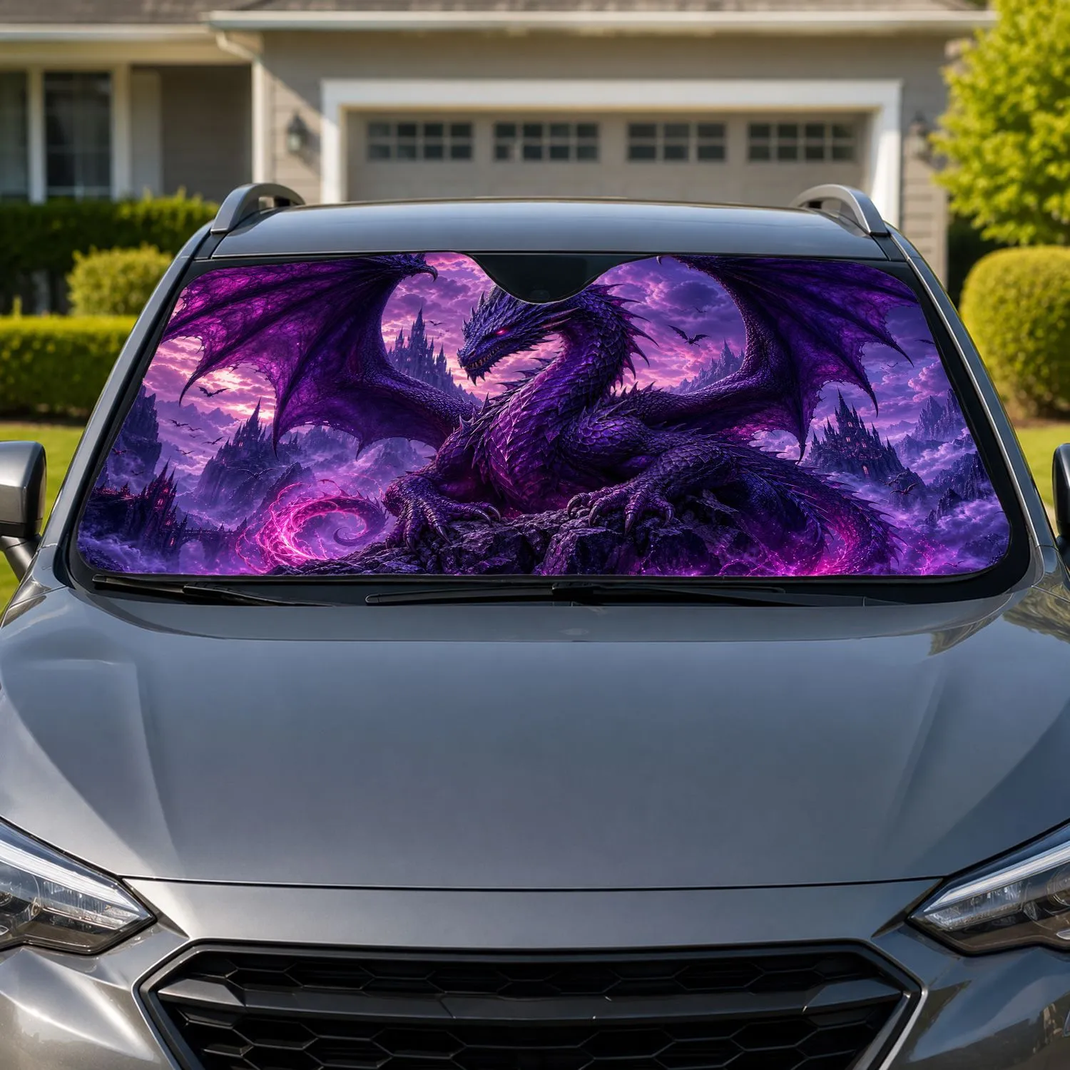 Purple Dragon With Gothic Castle And Mystic Dusk Fantasy Decor For Medieval Fans Car Sunshade - 1