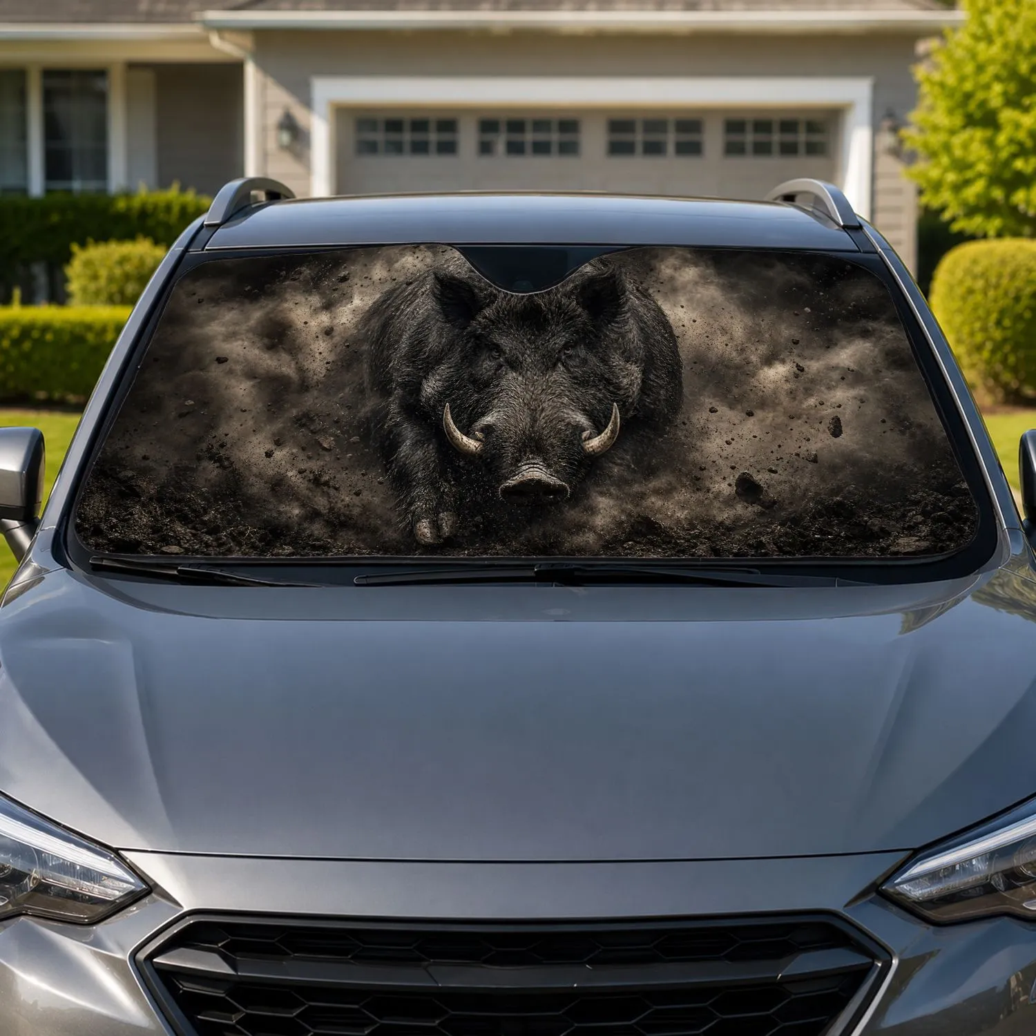 Charging Wild Boar In Smoky Darkness For Rugged Hunting Lodge Outdoor Enthusiasts Car Sunshade - 1