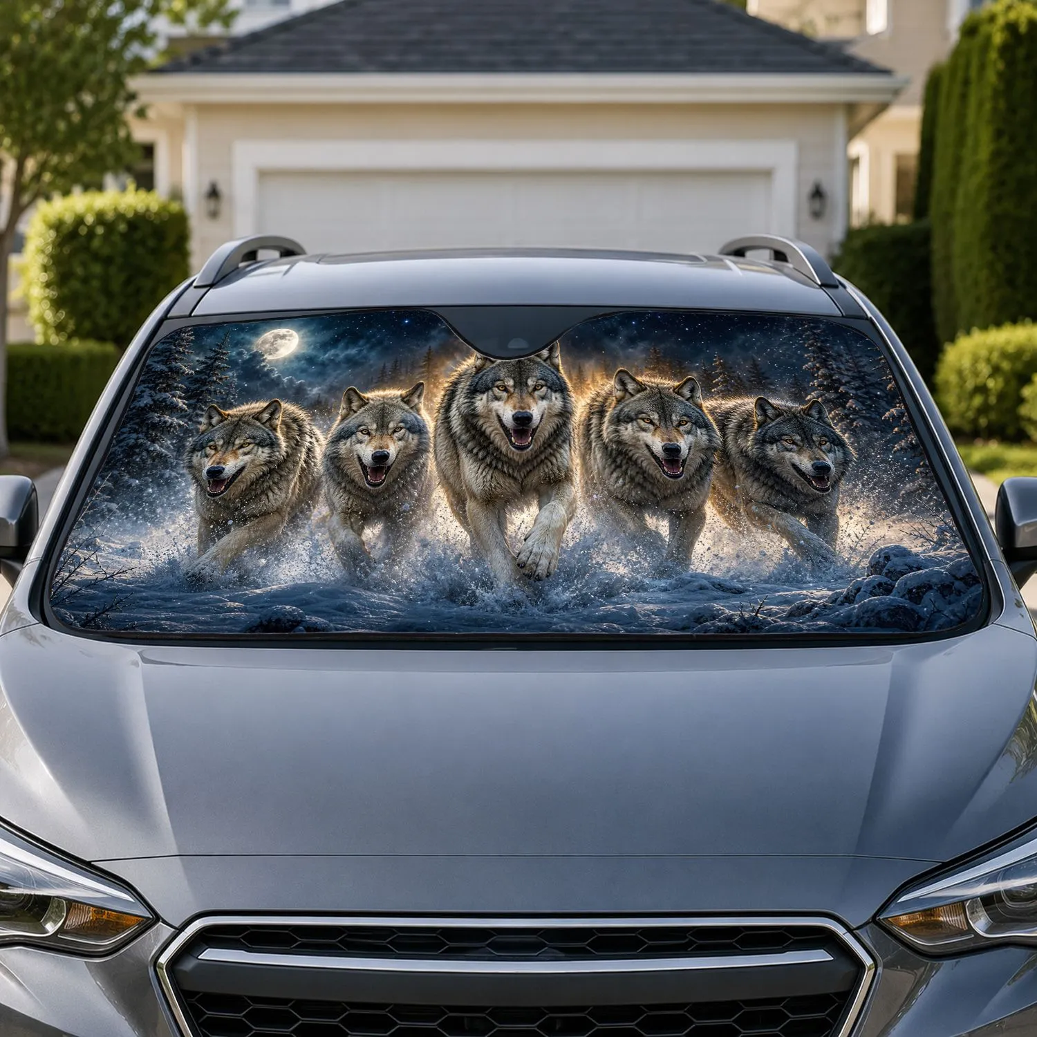 Running Gray Wolves In Moonlit Snow For Wilderness Adventure Decor And Wildlife Fans Car Sunshade - 1