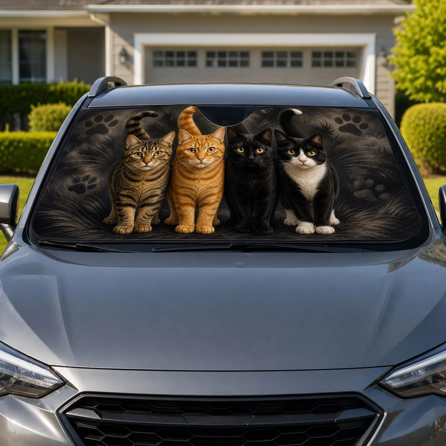 Four Realistic Cats On Charcoal Gray For Feline Lovers And Pet Parent Daily Style Car Sunshade - 1