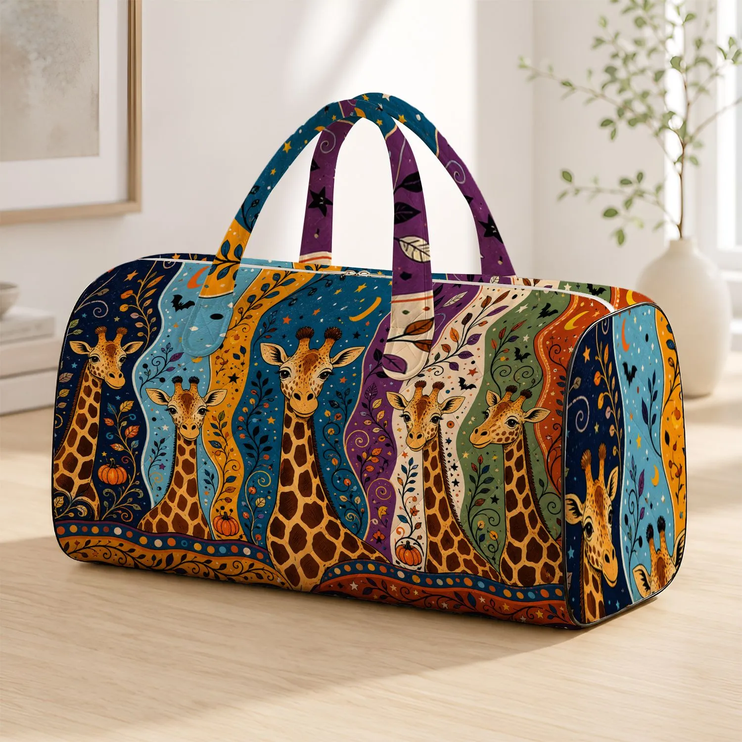 Whimsical Giraffe Patchwork With Halloween Accents For Animal Lovers Autumn Trips Quilted Weekend Bag - 1