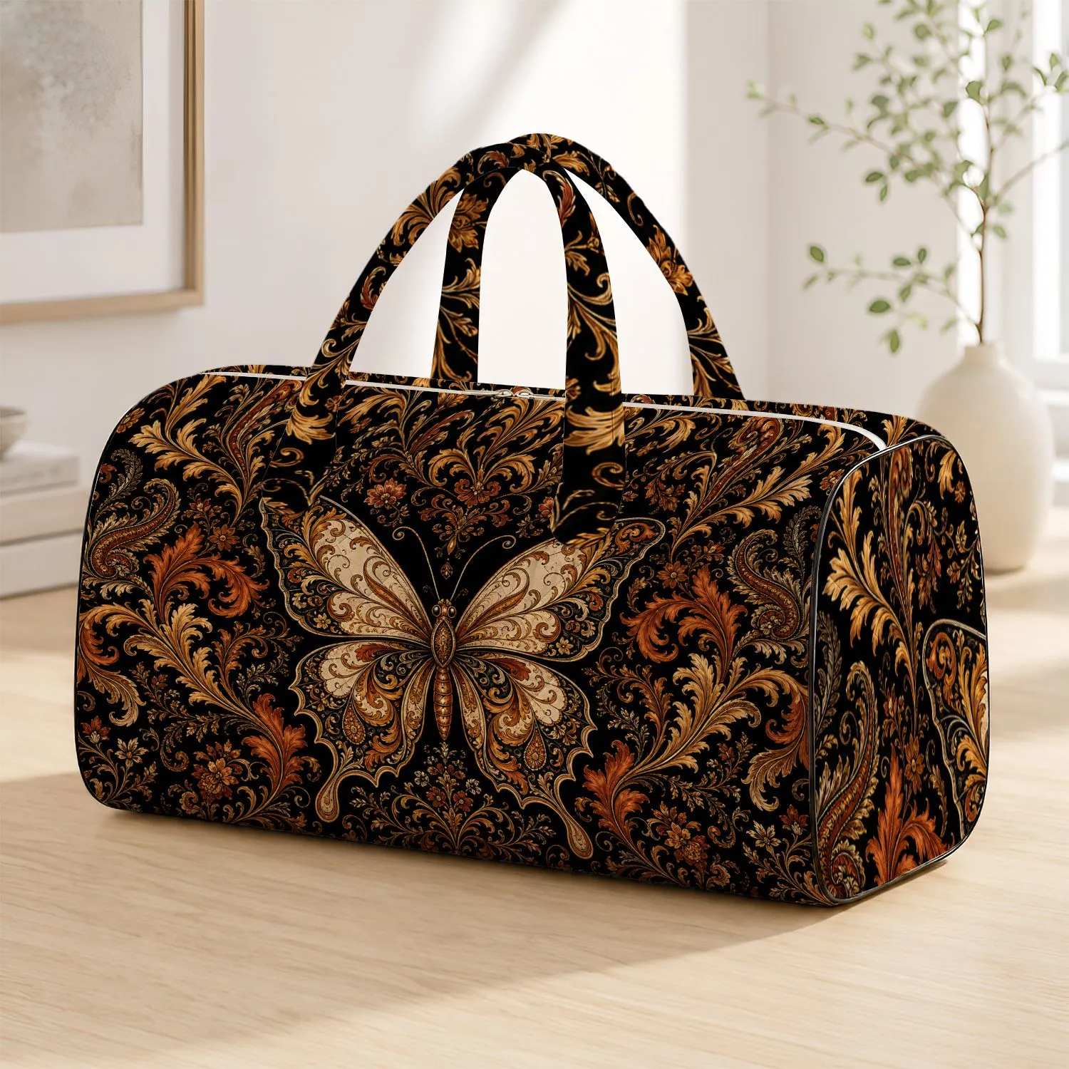 Baroque Butterfly Scrolls On Black For Gothic Getaways And Elegant Holiday Style Quilted Weekend Bag - 1