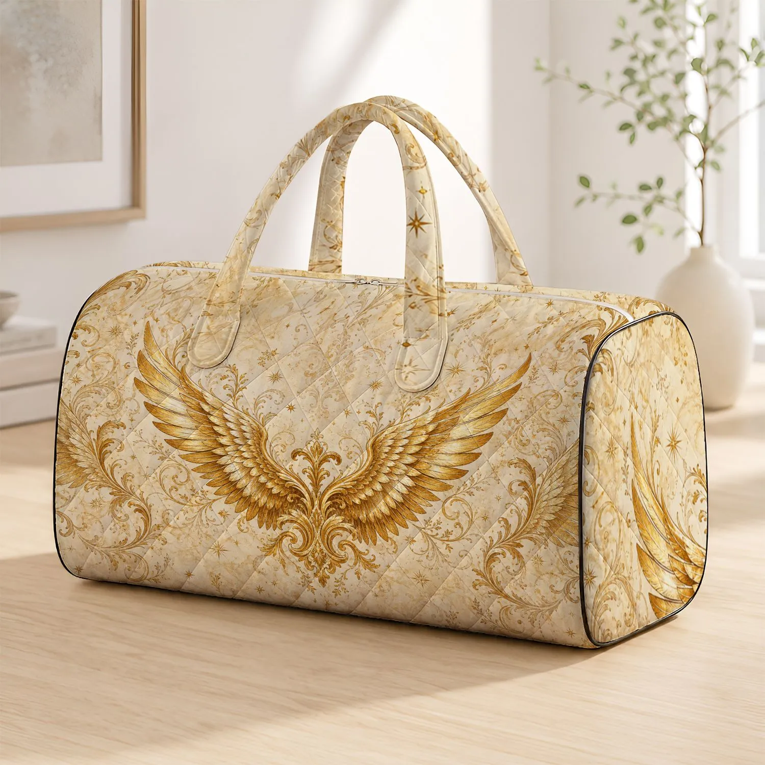 Gilded Angel Wings On Antique Ivory For Elegant Holiday Travel And Vintage Style Quilted Weekend Bag - 1