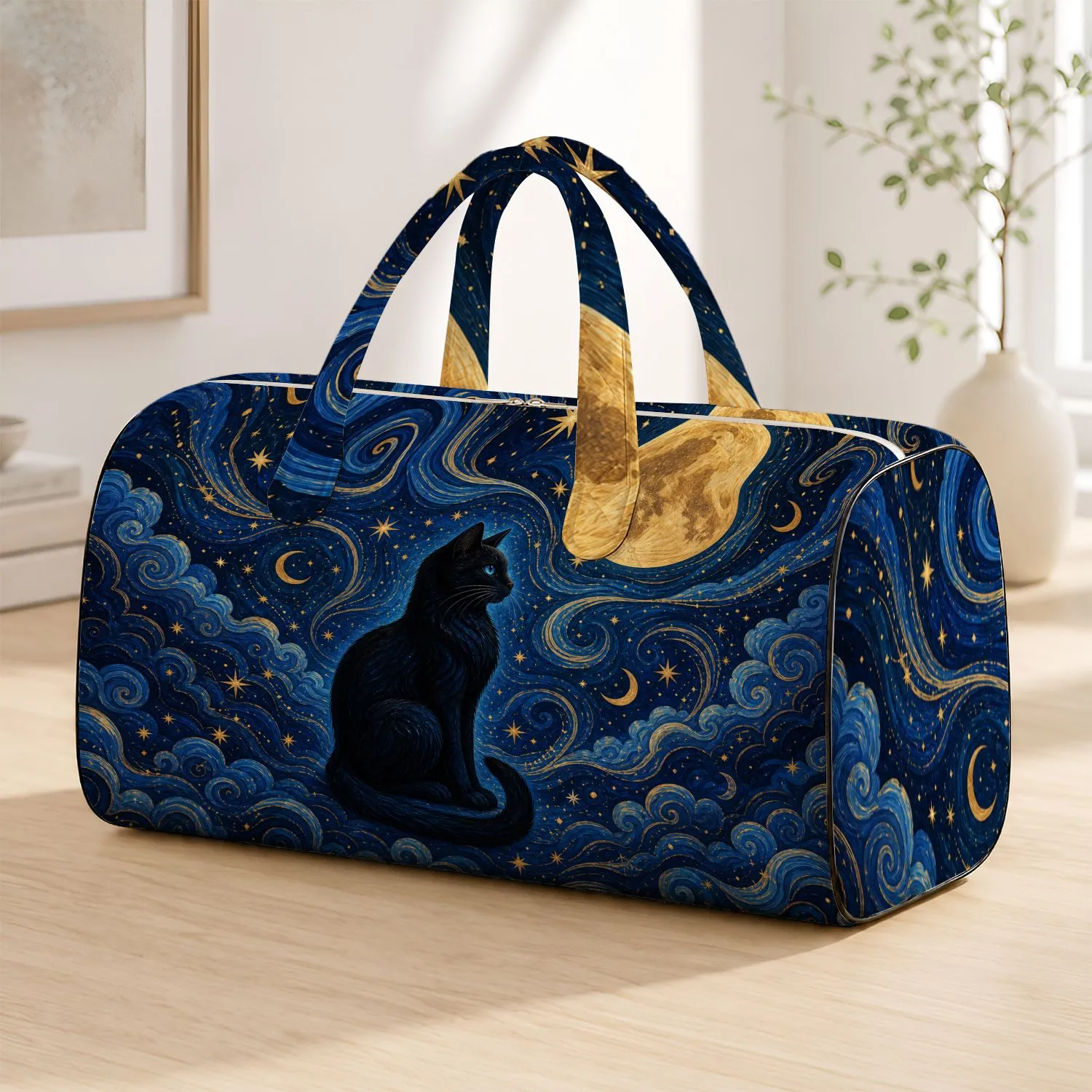 Mystical Black Cat With Celestial Moon Sky For Gothic Travel And Cat Lovers Style Quilted Weekend Bag - 1