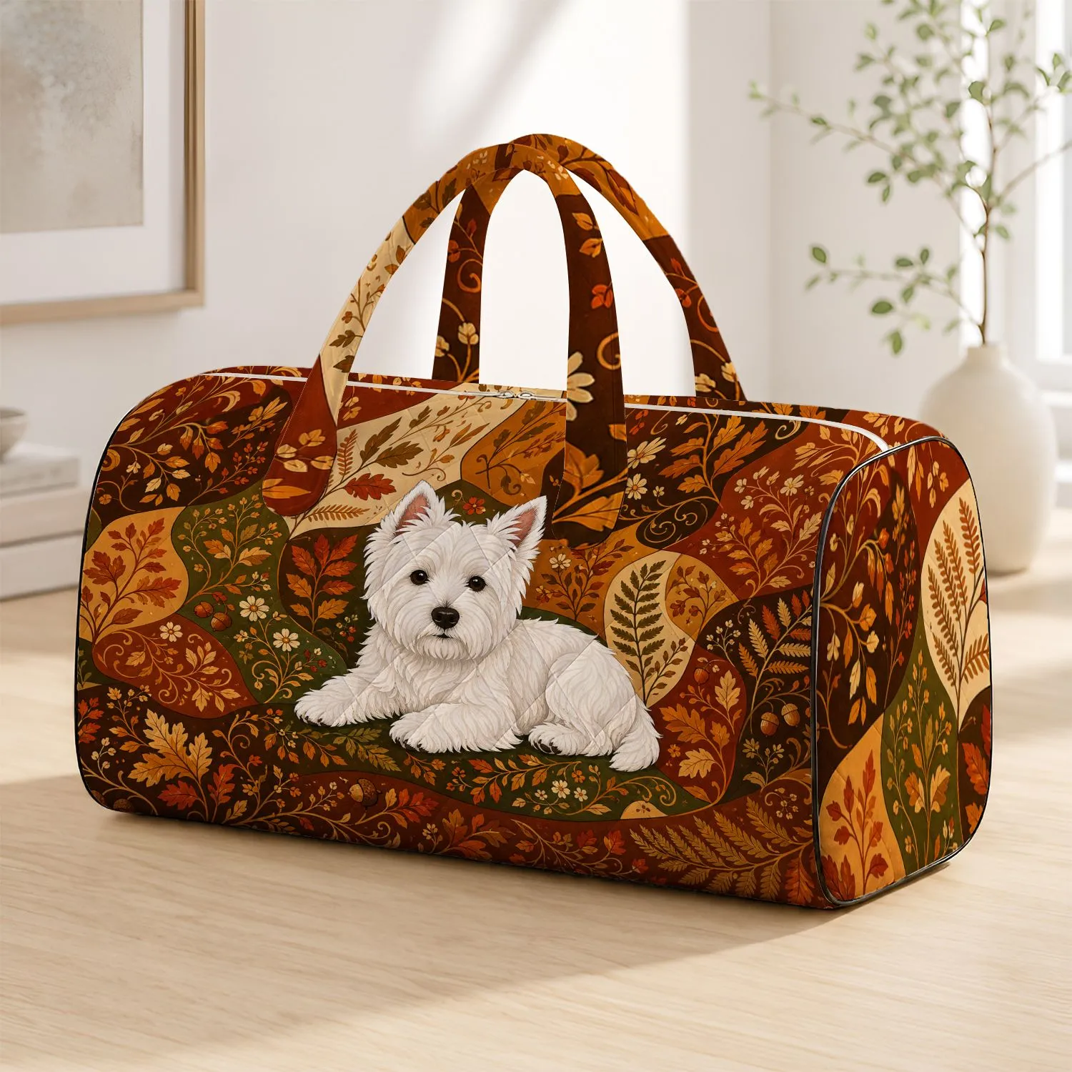 West Highland White Terrier With Autumn Botanicals For Cozy Fall Travel Dog Lovers Quilted Weekend Bag - 1