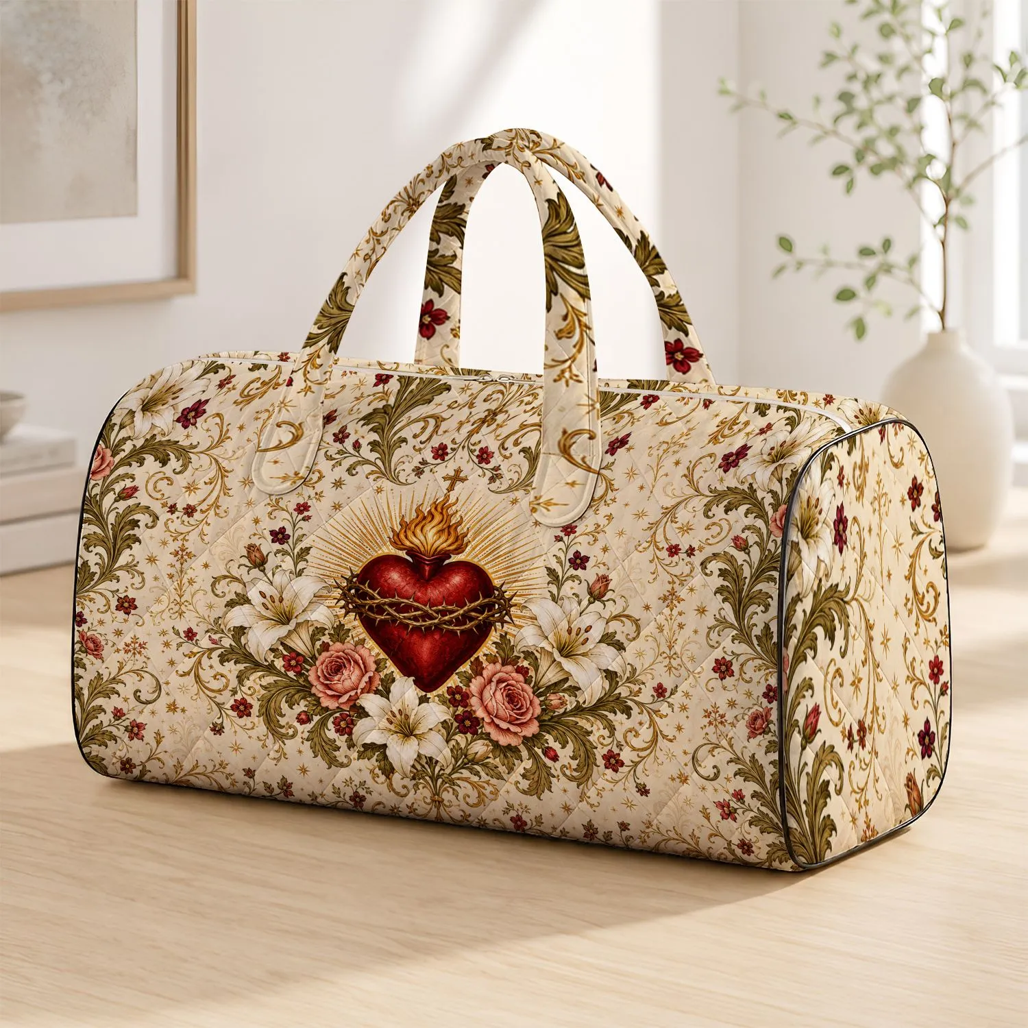Sacred Heart With Lilies And Roses For Devotional Travel Style And Faithful Women Quilted Weekend Bag - 1