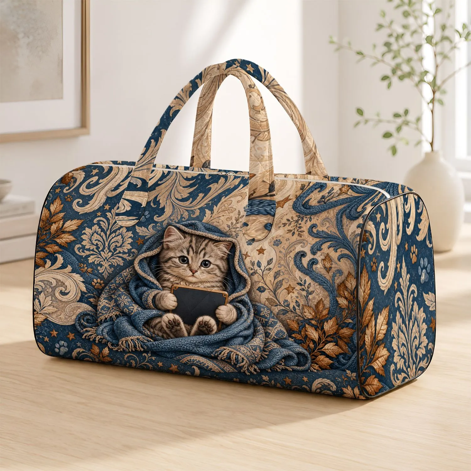 Cozy Tabby Kitten With Tablet In Blue Hood For Autumn Travel And Cat Lover Style Quilted Weekend Bag - 1