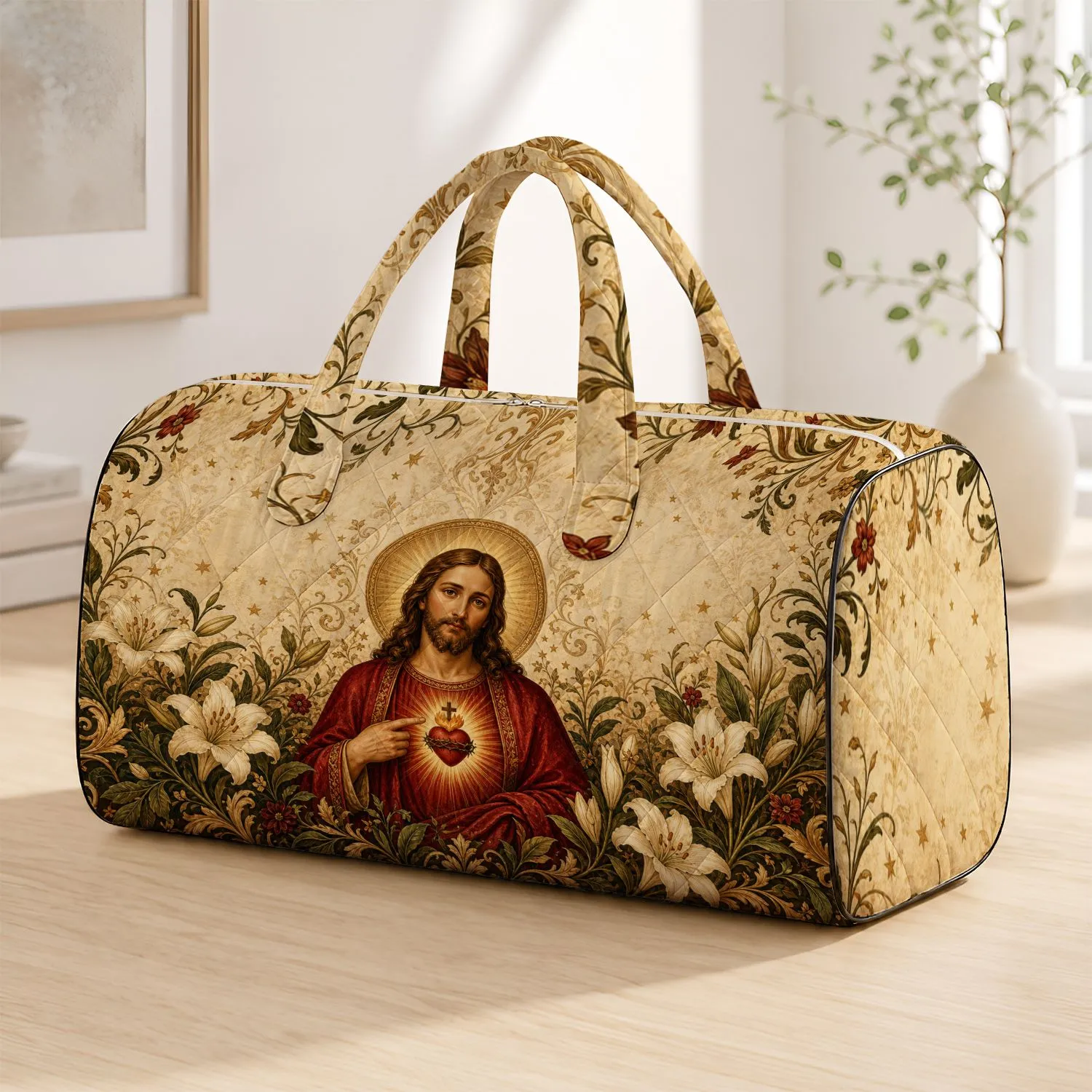 Vintage Sacred Heart Devotional Florals For Holiday Travel And Faith Inspired Gifts Quilted Weekend Bag - 1