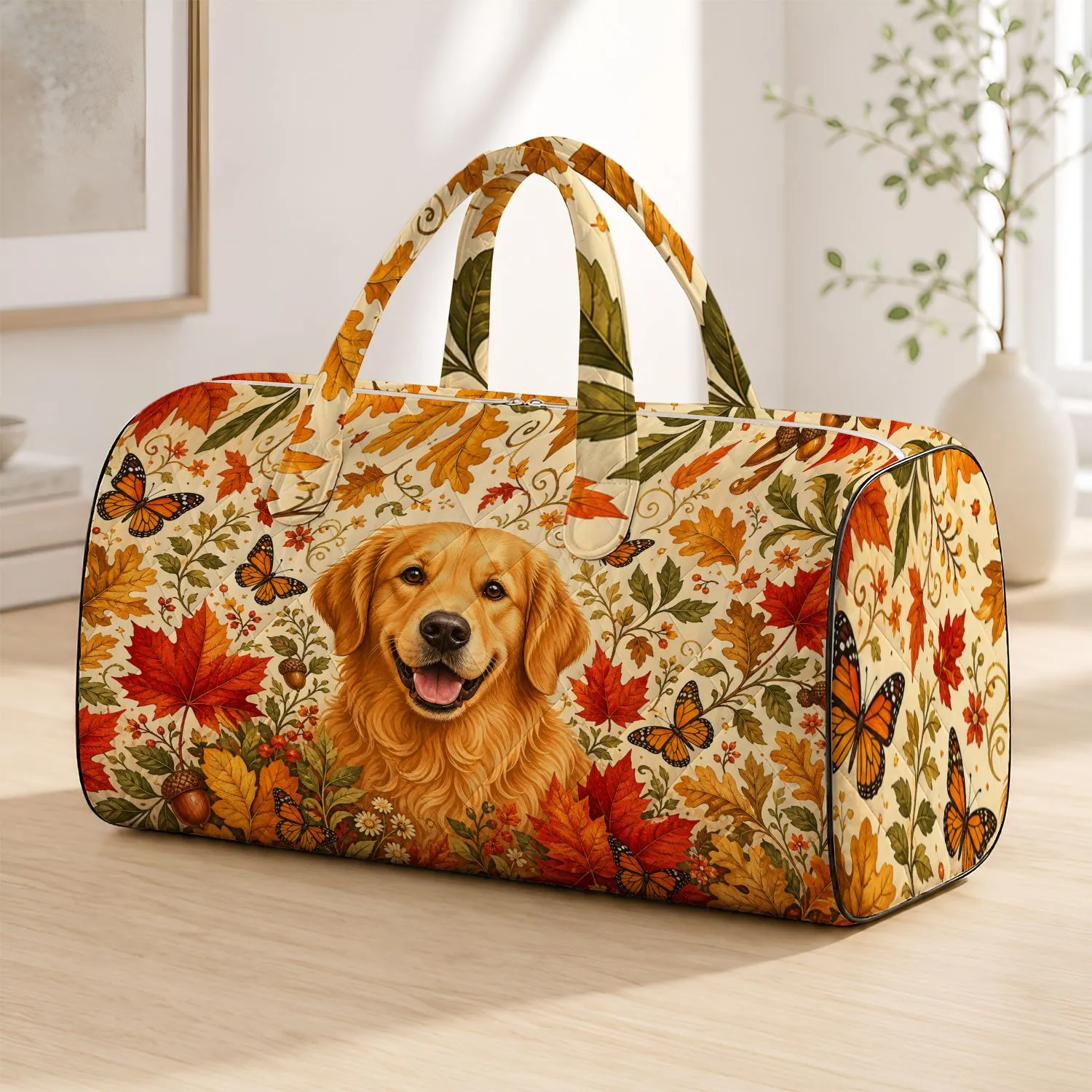 Golden Retriever With Autumn Maple Leaves And Butterflies For Fall Travel Pet Lovers Quilted Weekend Bag - 1