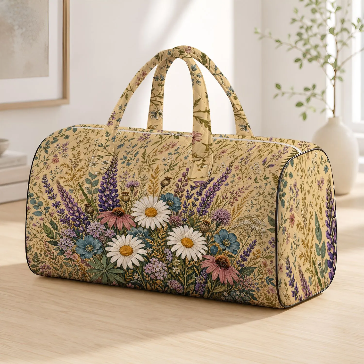 Bohemian Alpine Wildflower Meadow Beige Botanical Travel Style For Free Spirits And Moms Quilted Weekend Bag - 1