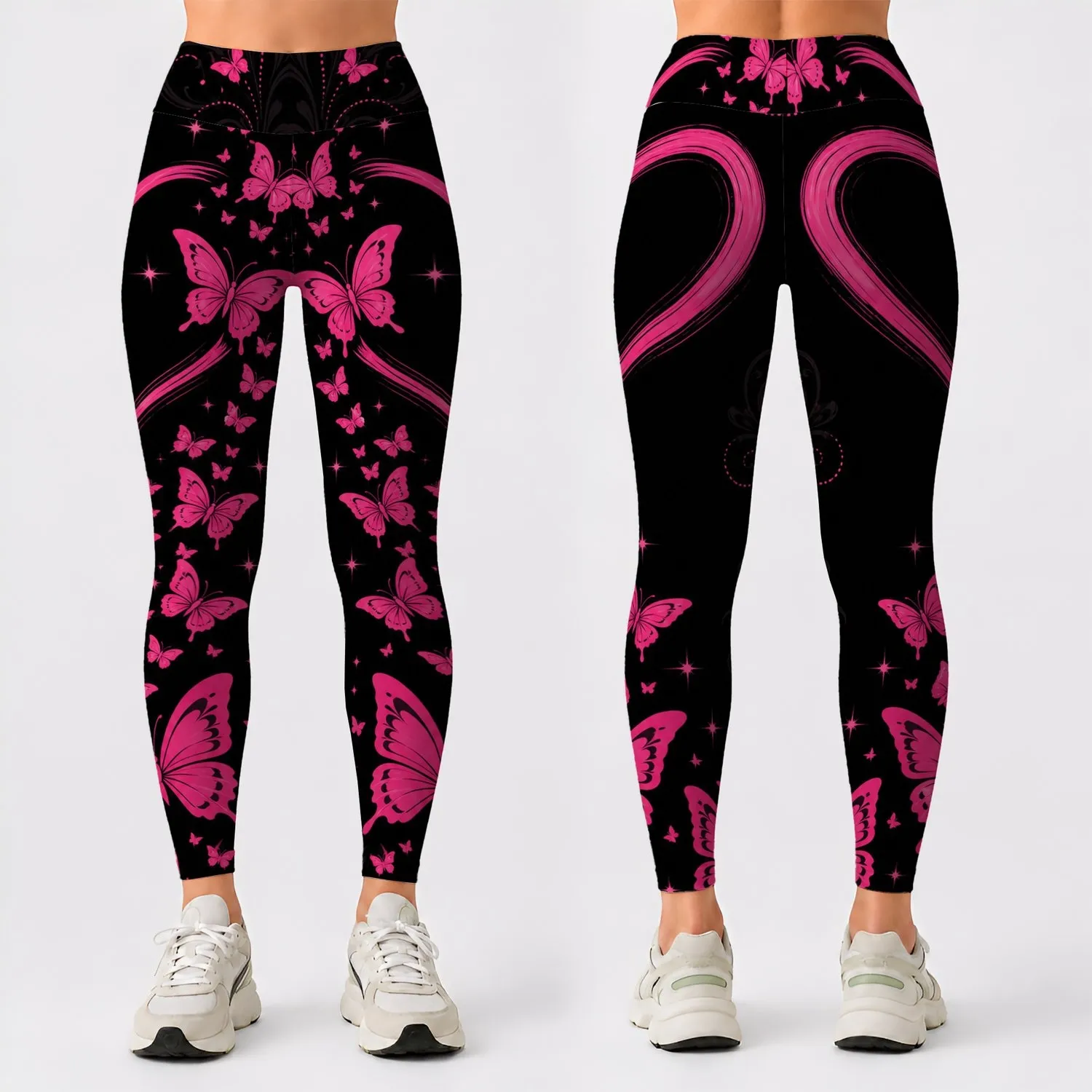 Hot Pink Butterfly Heart On Black For Romantic Festival Yoga Lounge Women's Look Leggings - 1