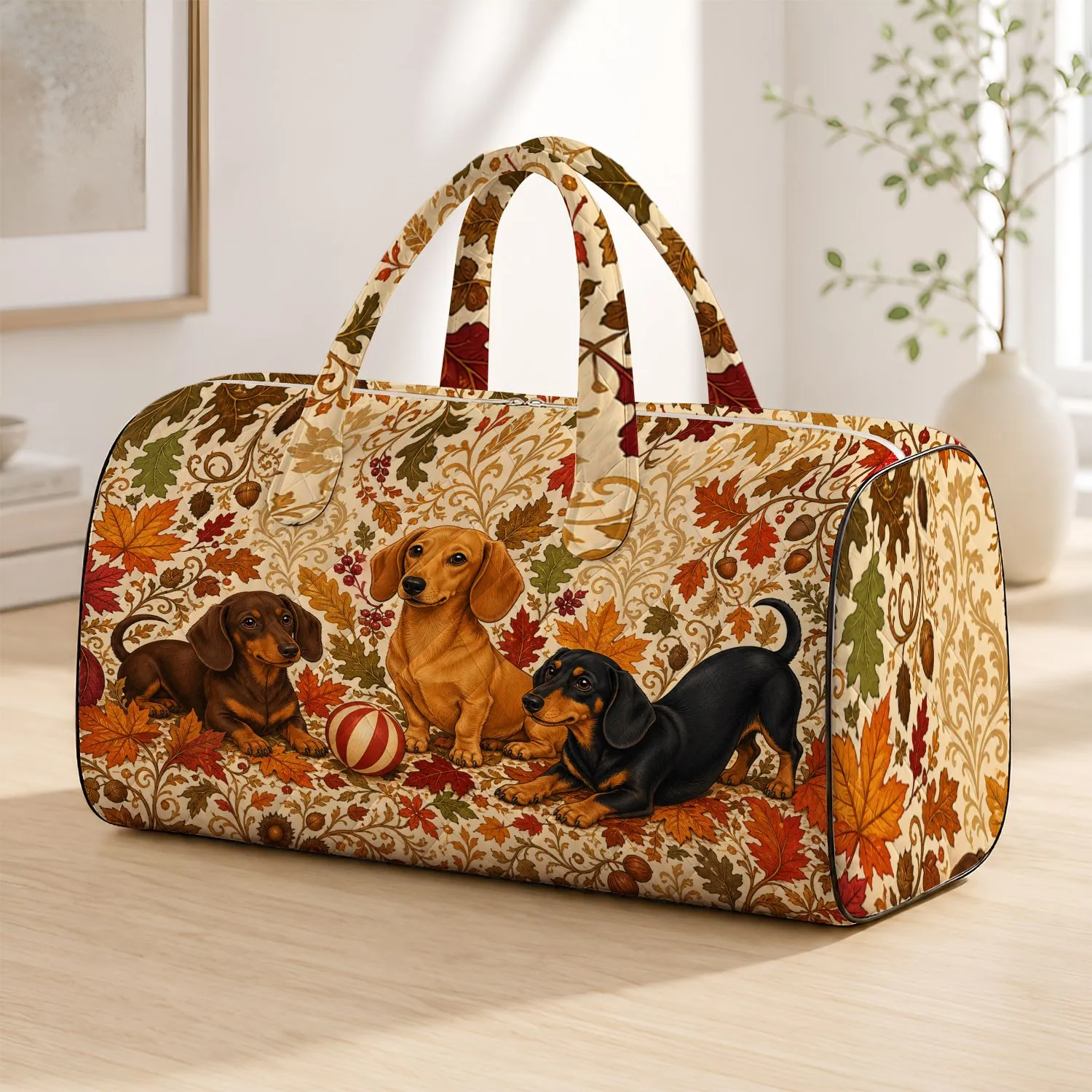 Elegant Dachshunds With Autumn Leaves And Acorns For Fall Travel Dachshund Lovers Quilted Weekend Bag - 1
