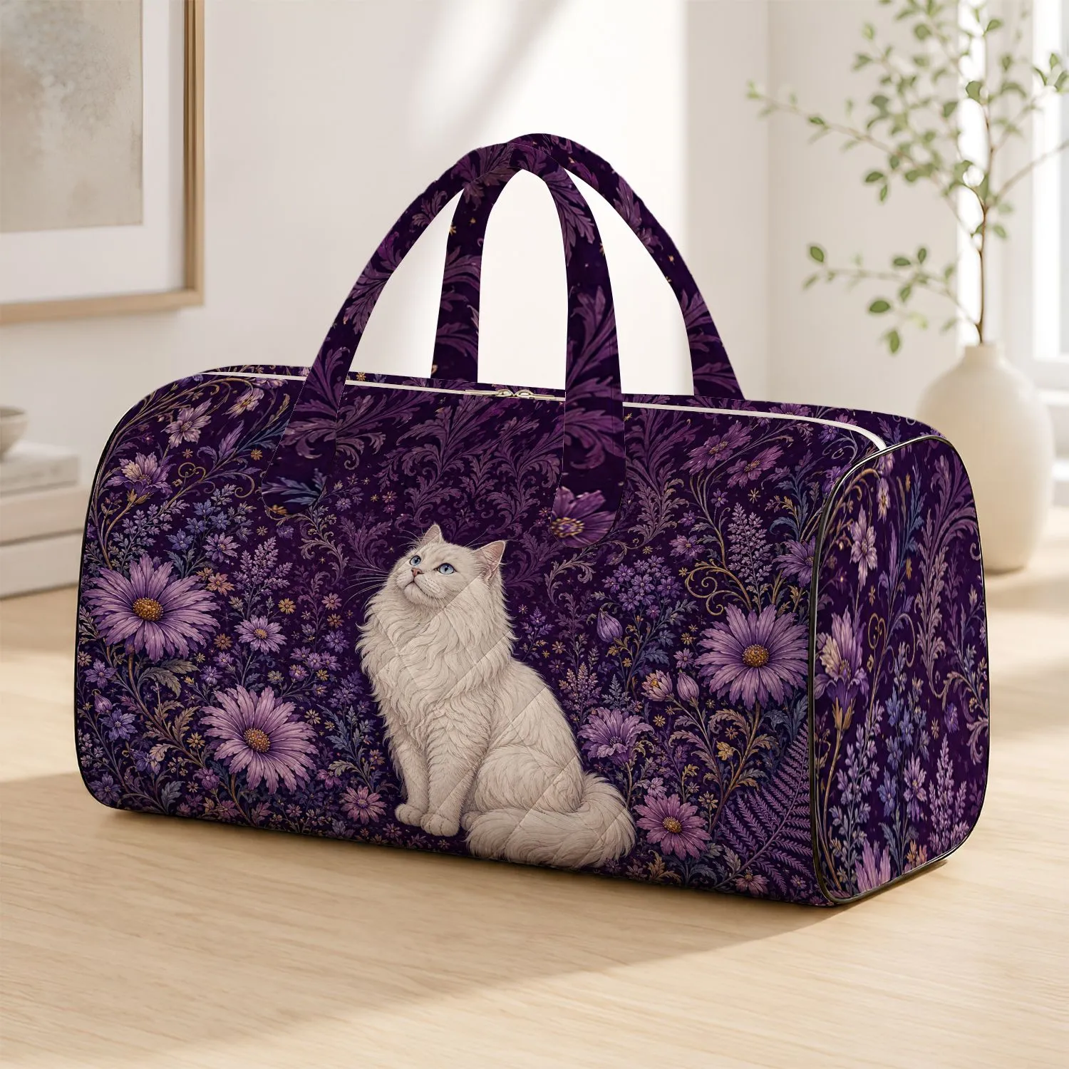 Regal White Cat In Purple Florals Vintage Romantic Garden Style For Cat Lovers Women Quilted Weekend Bag - 1