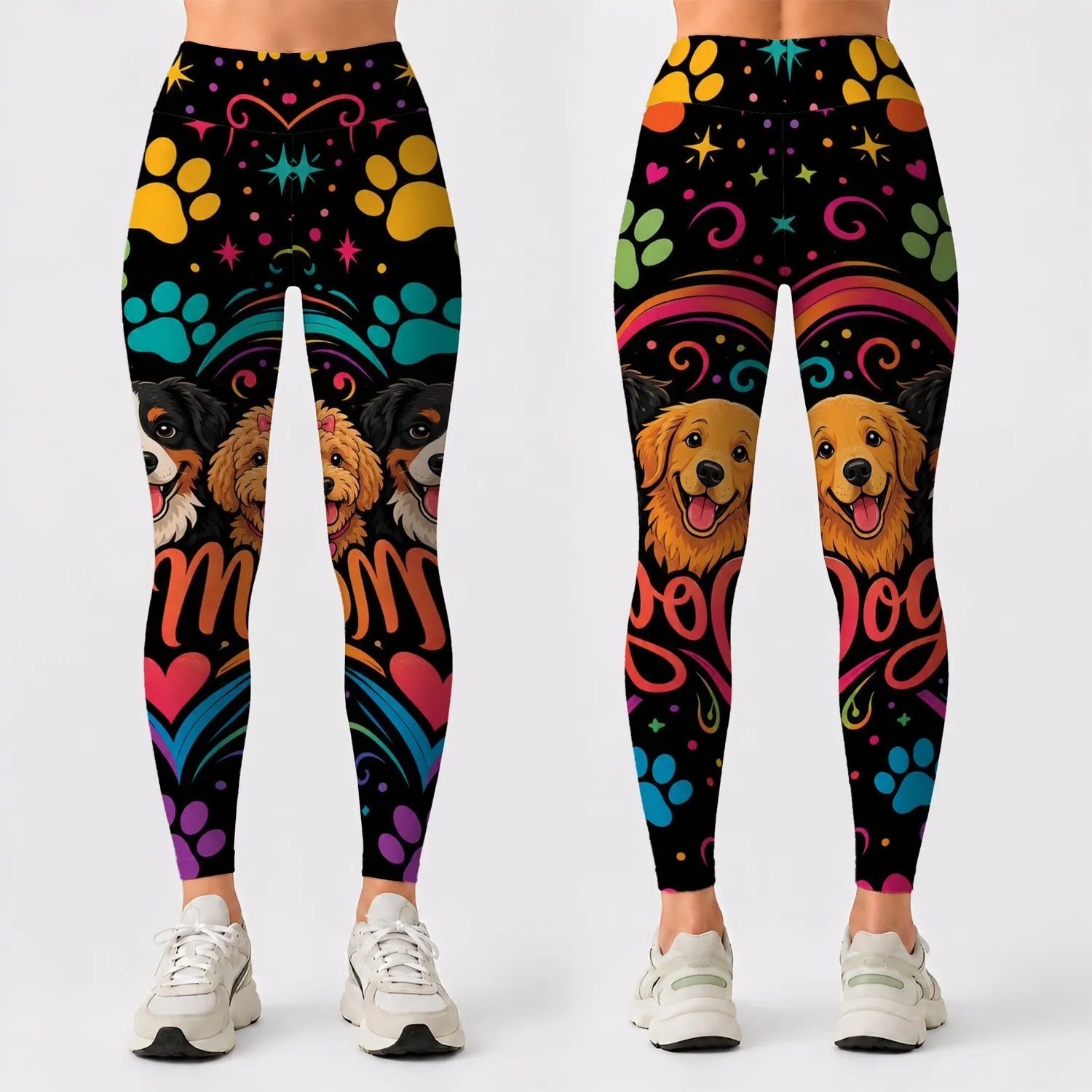 Rainbow Dog Mom Paw Heart With Cartoon Pups For Pet Lover Everyday Boutique Gift Leggings - 1