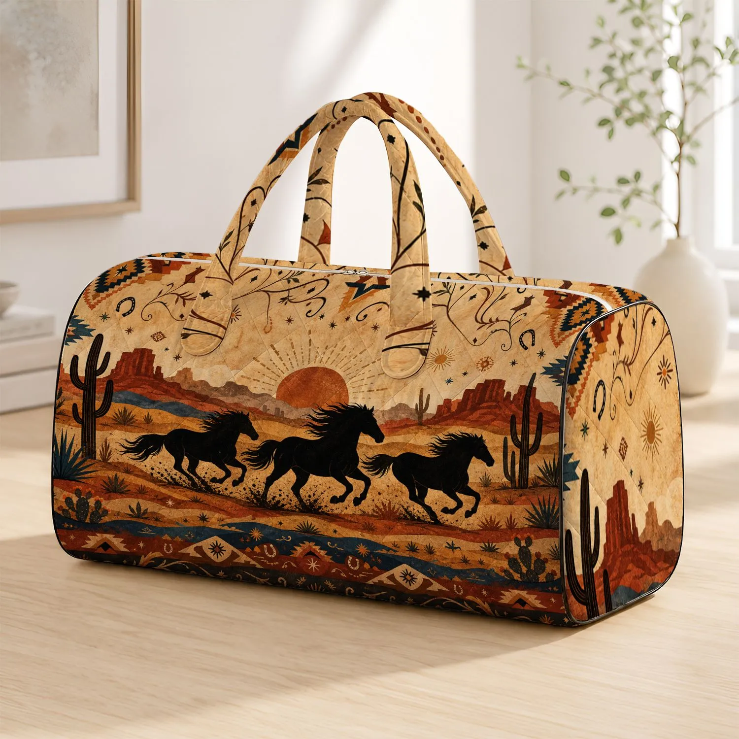 Black Galloping Horses With Desert Cactus Western Ranch Travel Style For Riders On Trips Quilted Weekend Bag - 1