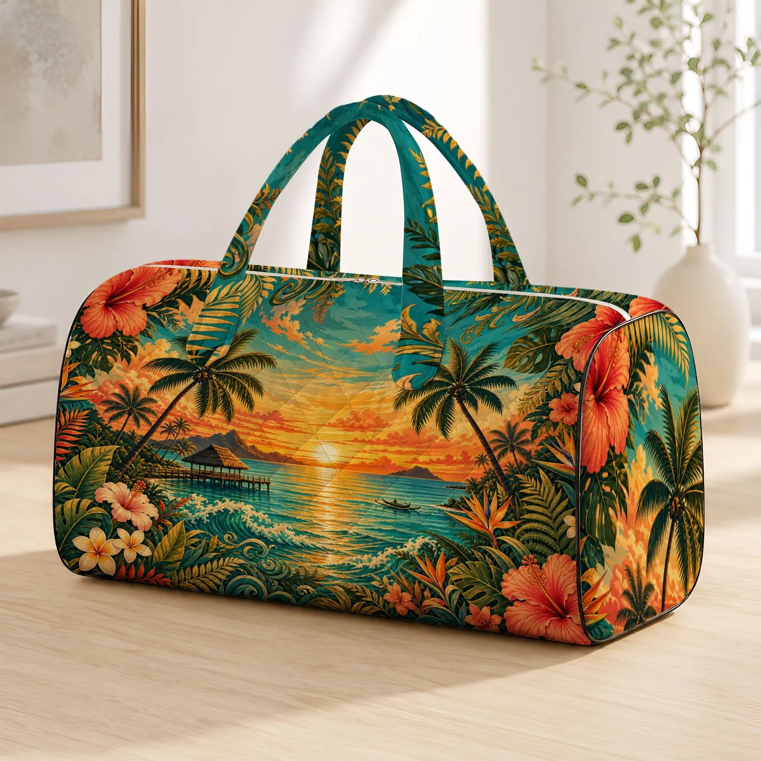 Hawaiian Sunset Palm Hibiscus Tropical Resort Style For Beach Vacation Travelers Quilted Weekend Bag - 1