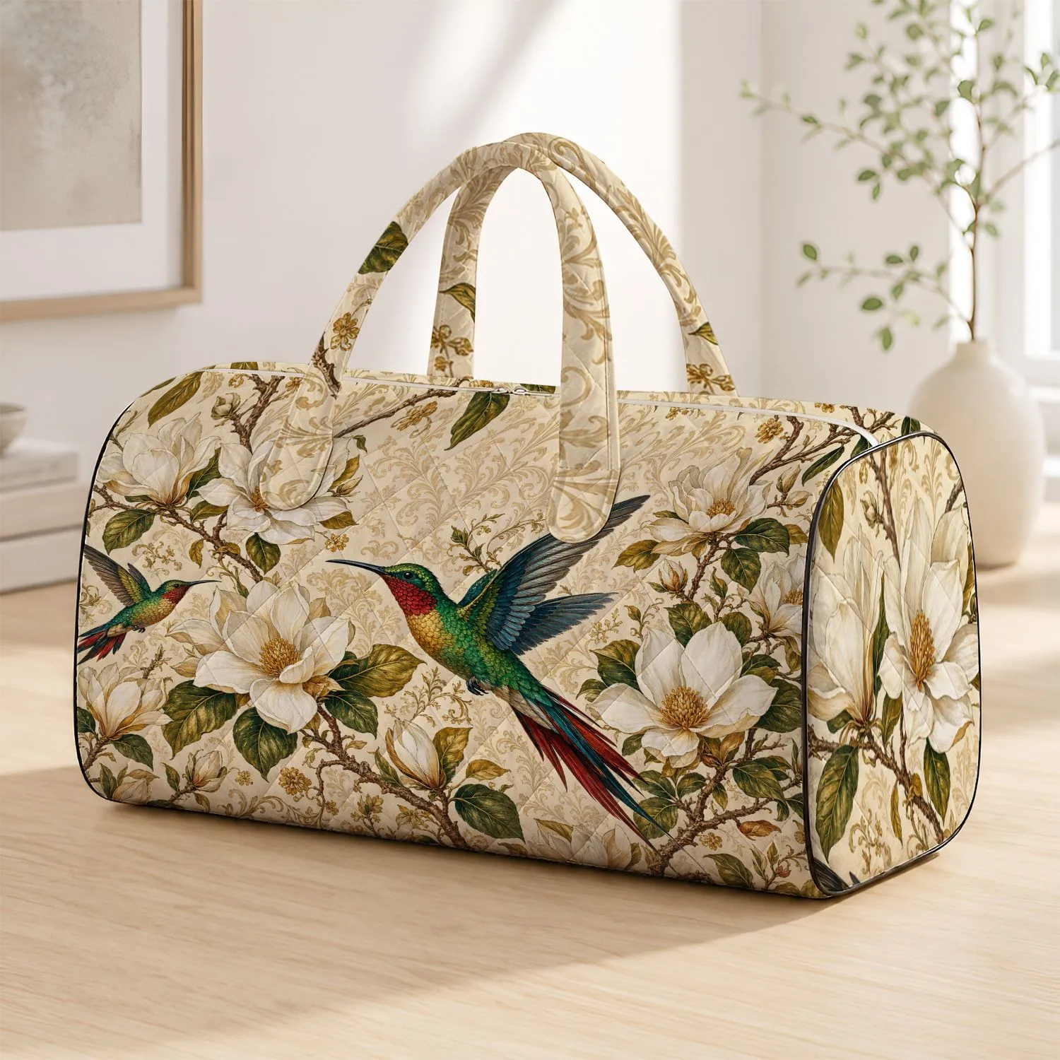 Hummingbirds With White Magnolias And Vintage Botanical Elegance For Nature Lovers Quilted Weekend Bag - 1