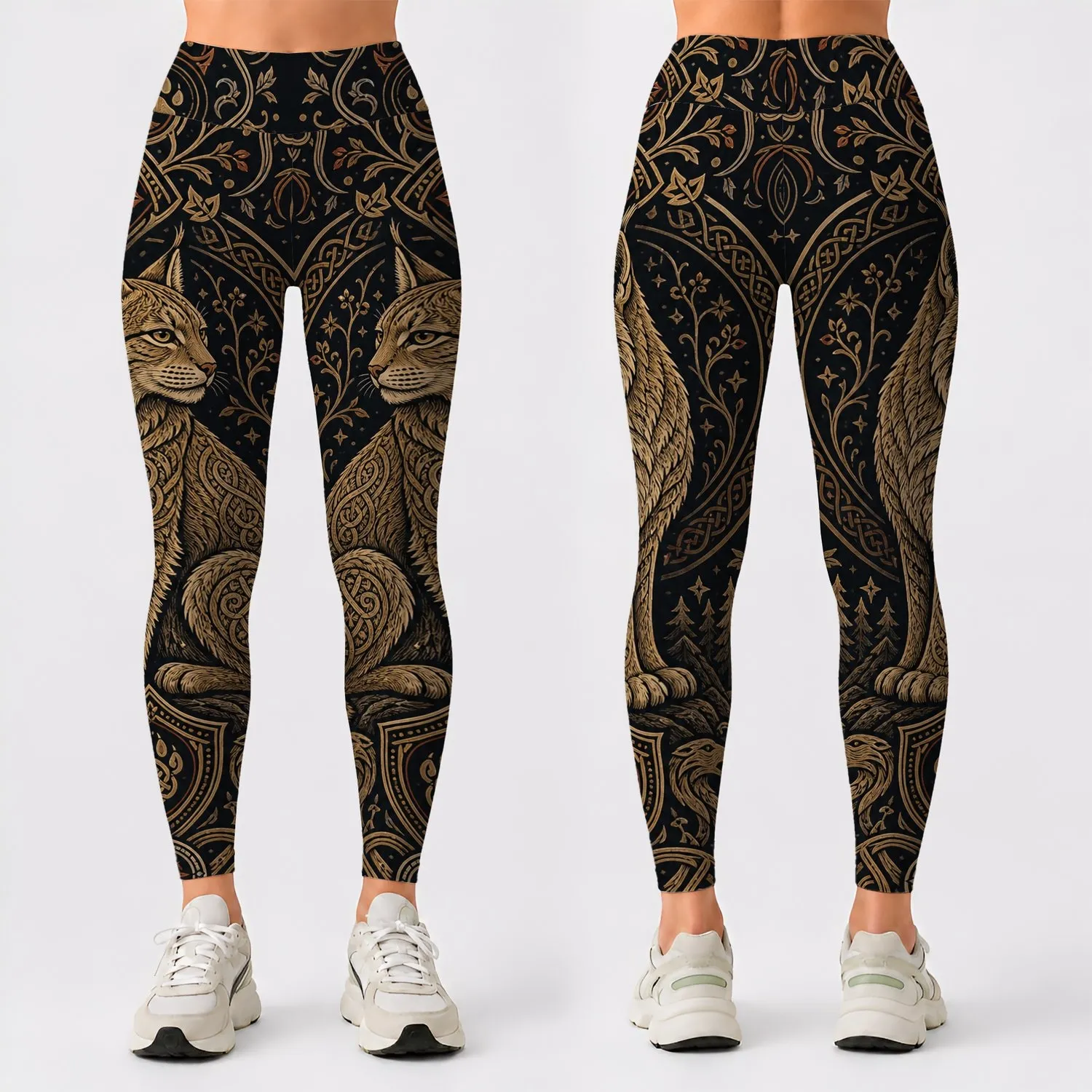 Norse Lynx Guardian With Gold Knotwork For Viking Streetwear And Festival Style Leggings - 1