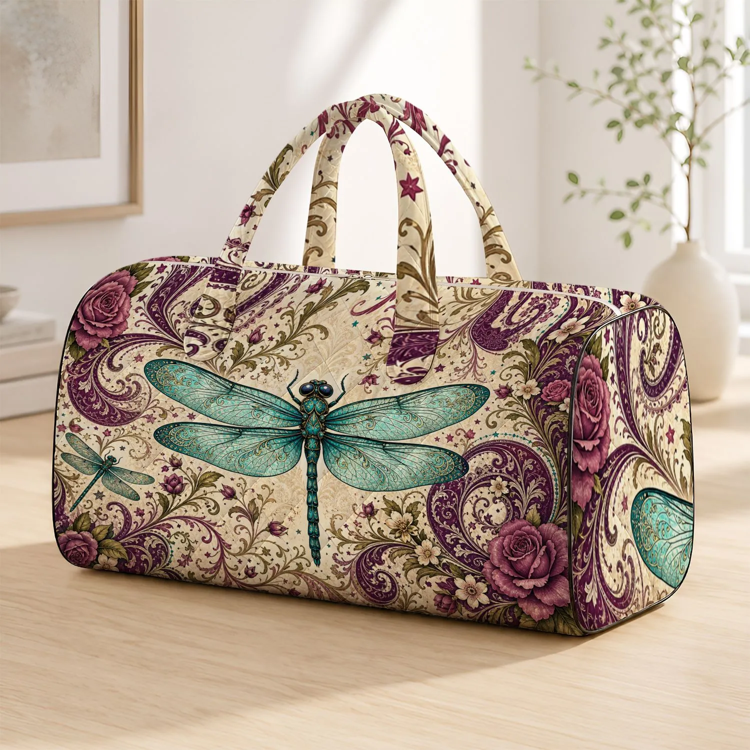 Turquoise Dragonfly With Plum Rose Vines For Magical Garden Getaways And Women Style Quilted Weekend Bag - 1