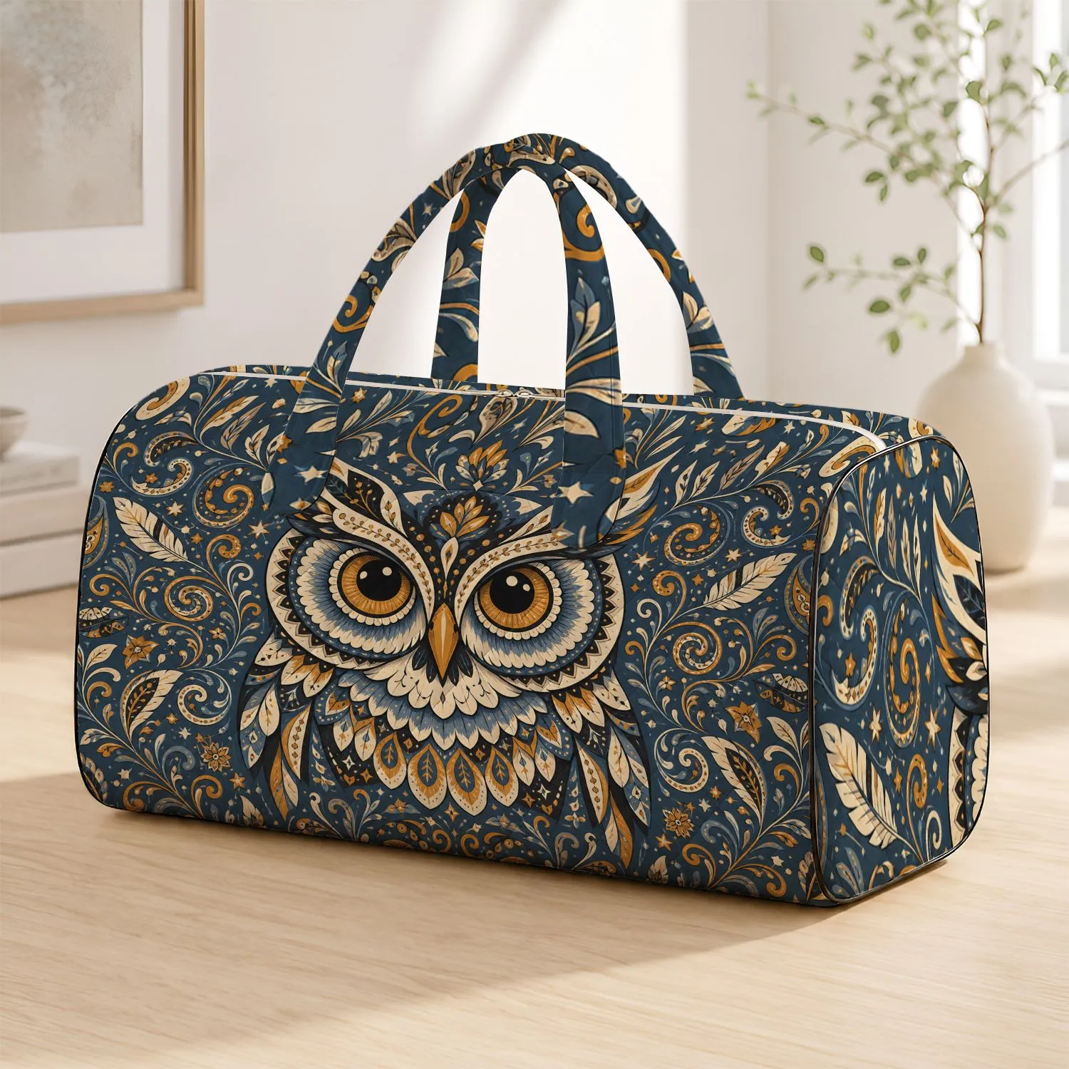 Retro Owl Folk Art In Blue Gray Ochre For Autumn Travel And Holiday Gifts For Women Quilted Weekend Bag - 1