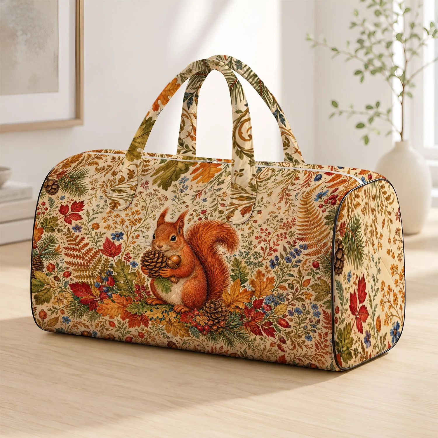 Red Squirrel With Acorns And Autumn Botanicals For Woodland Travel And Nature Lovers Quilted Weekend Bag - 1