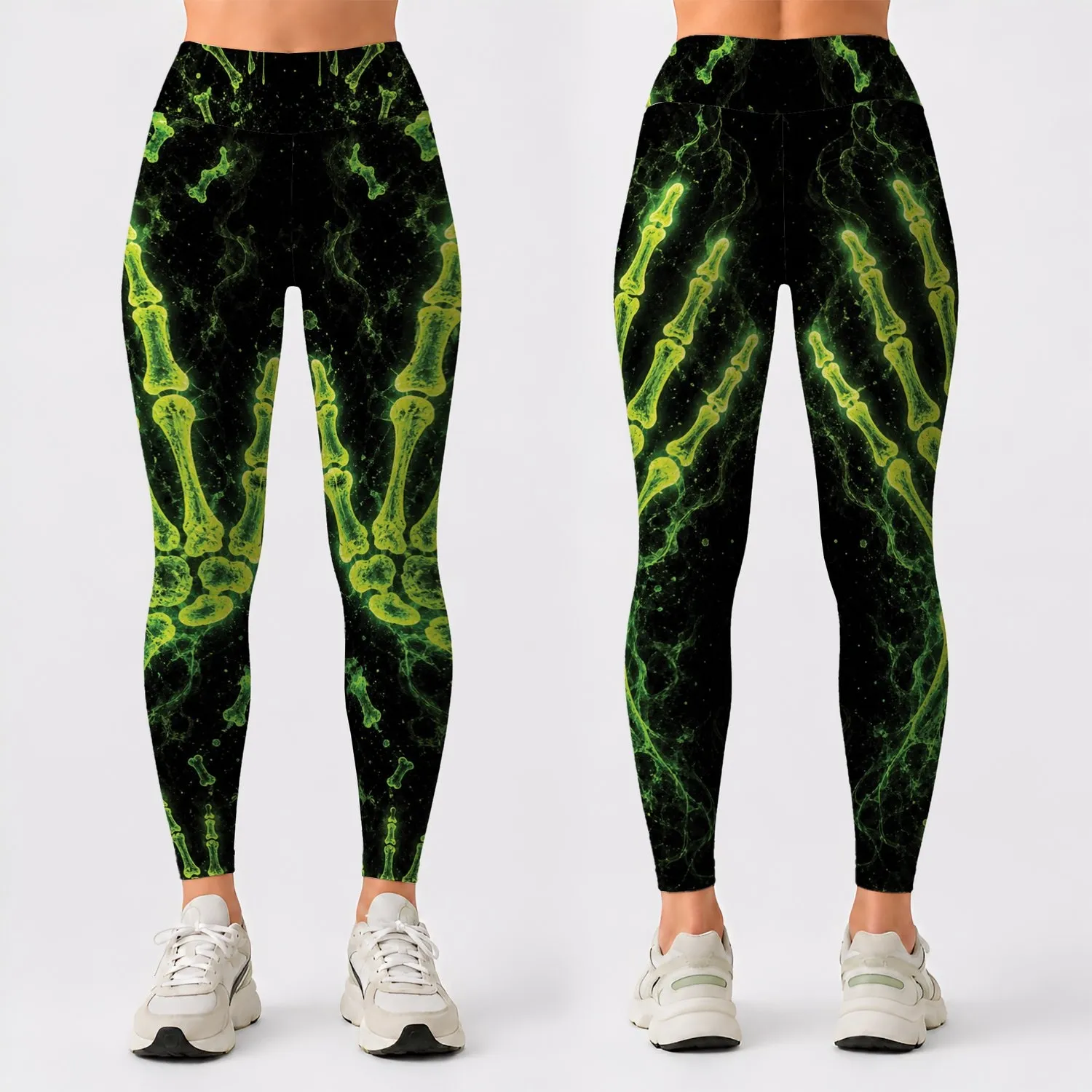 Neon Green Skeleton Hand X Ray Bones For Halloween Gym And Gothic Street Style Look Leggings - 1