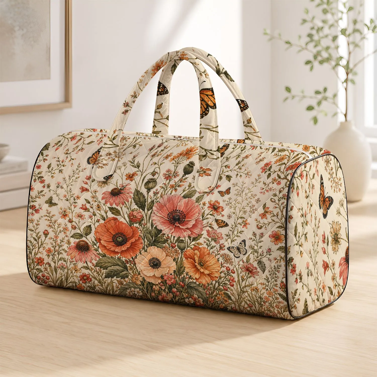 Coral Wildflower Meadow With Butterflies For Cottagecore Getaways And Nature Lovers Quilted Weekend Bag - 1