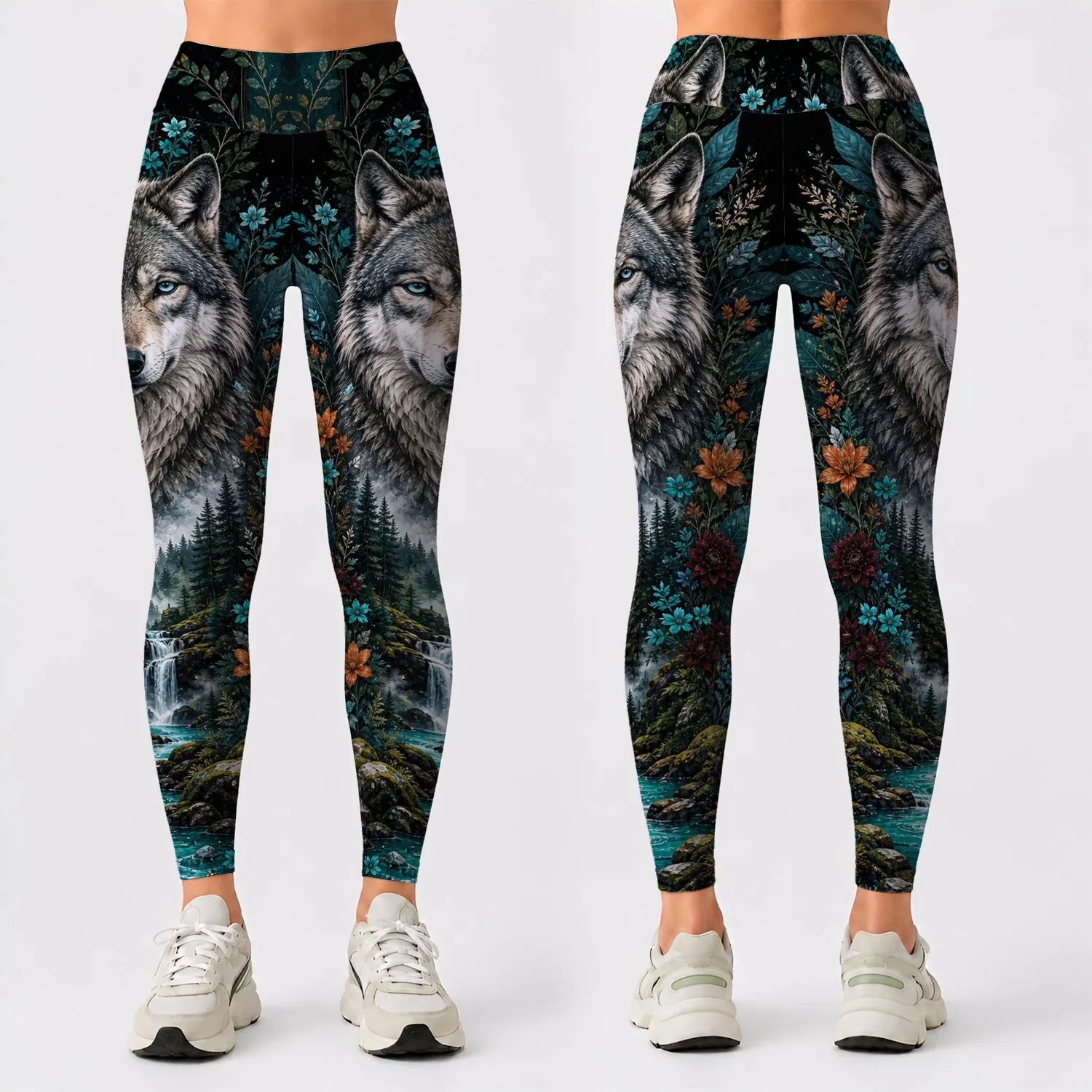 Majestic Gray Wolf With Teal Forest Florals For Yoga Festival Streetwear Women Fans Leggings - 1