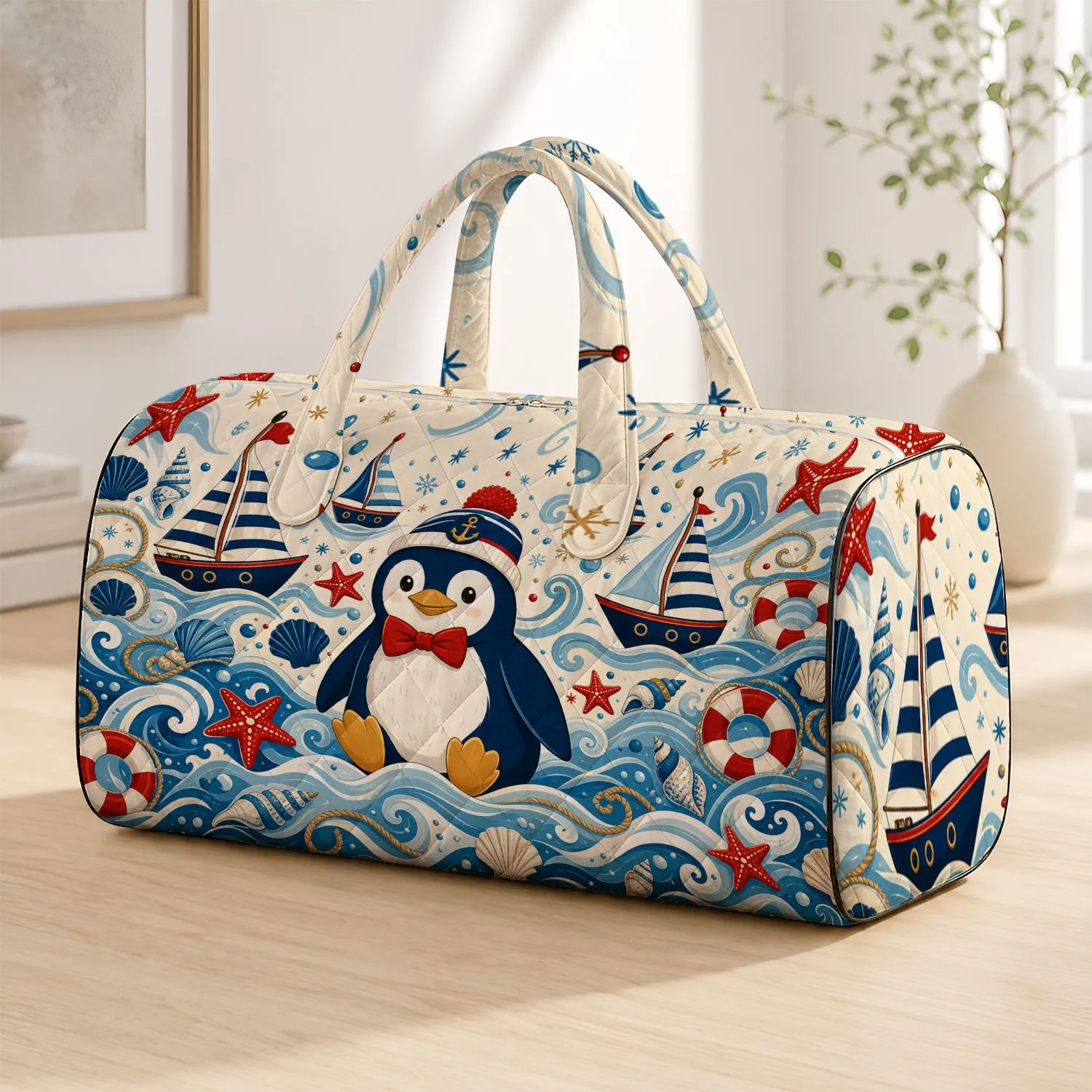 Festive Nautical Penguin With Sailboats And Starfish For Coastal Christmas Travel Quilted Weekend Bag - 1