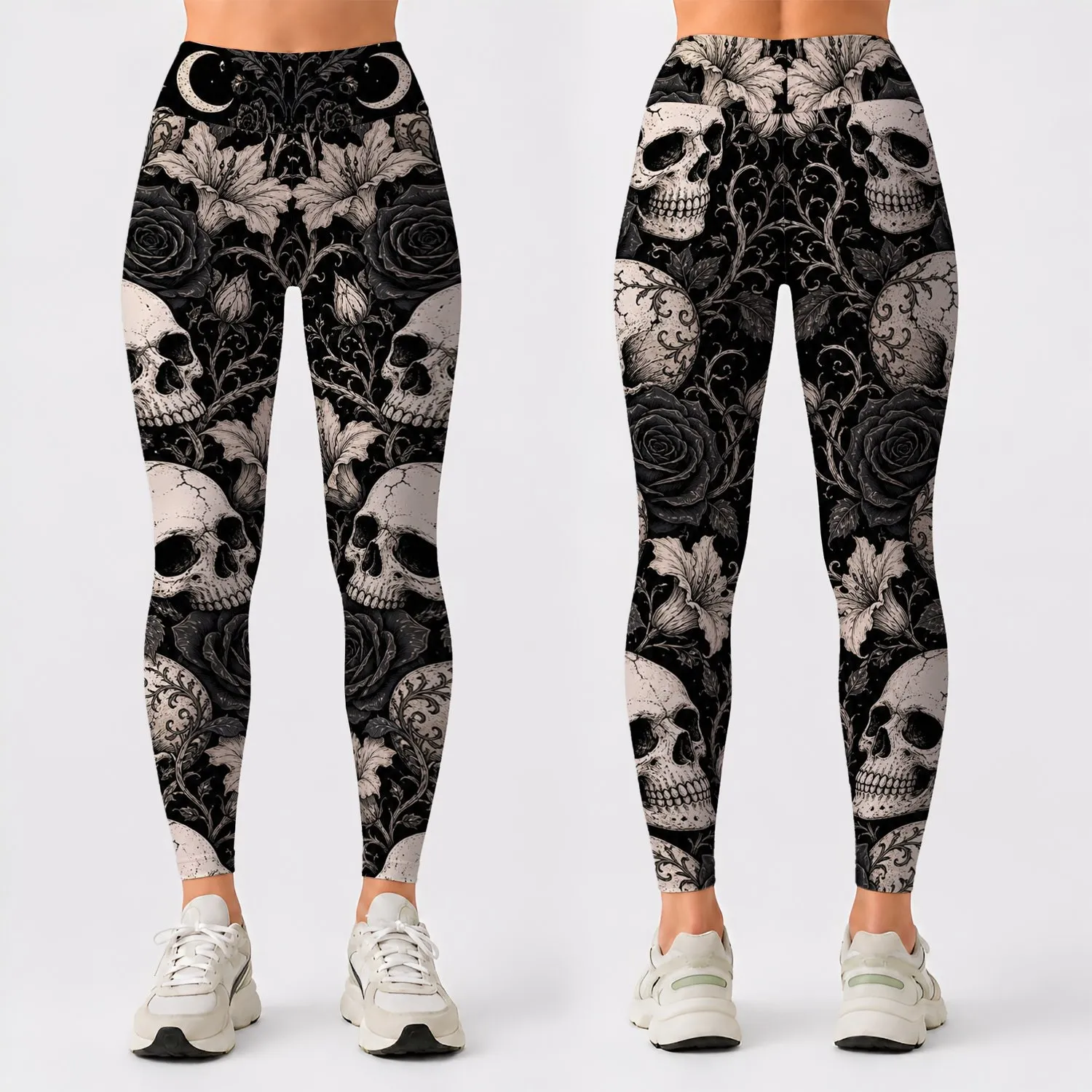 Gothic Halloween Skulls With Dark Roses And Bats For Witchy Fall Festival Outfits Leggings - 1