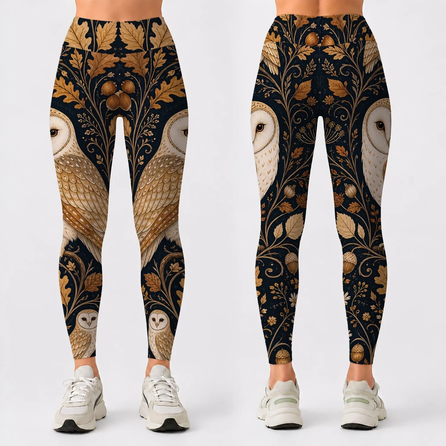 Barn Owl Autumn Leaves Boho Woodland Folk Art For Cozy Fall Cottagecore Nature Lovers Leggings - 1
