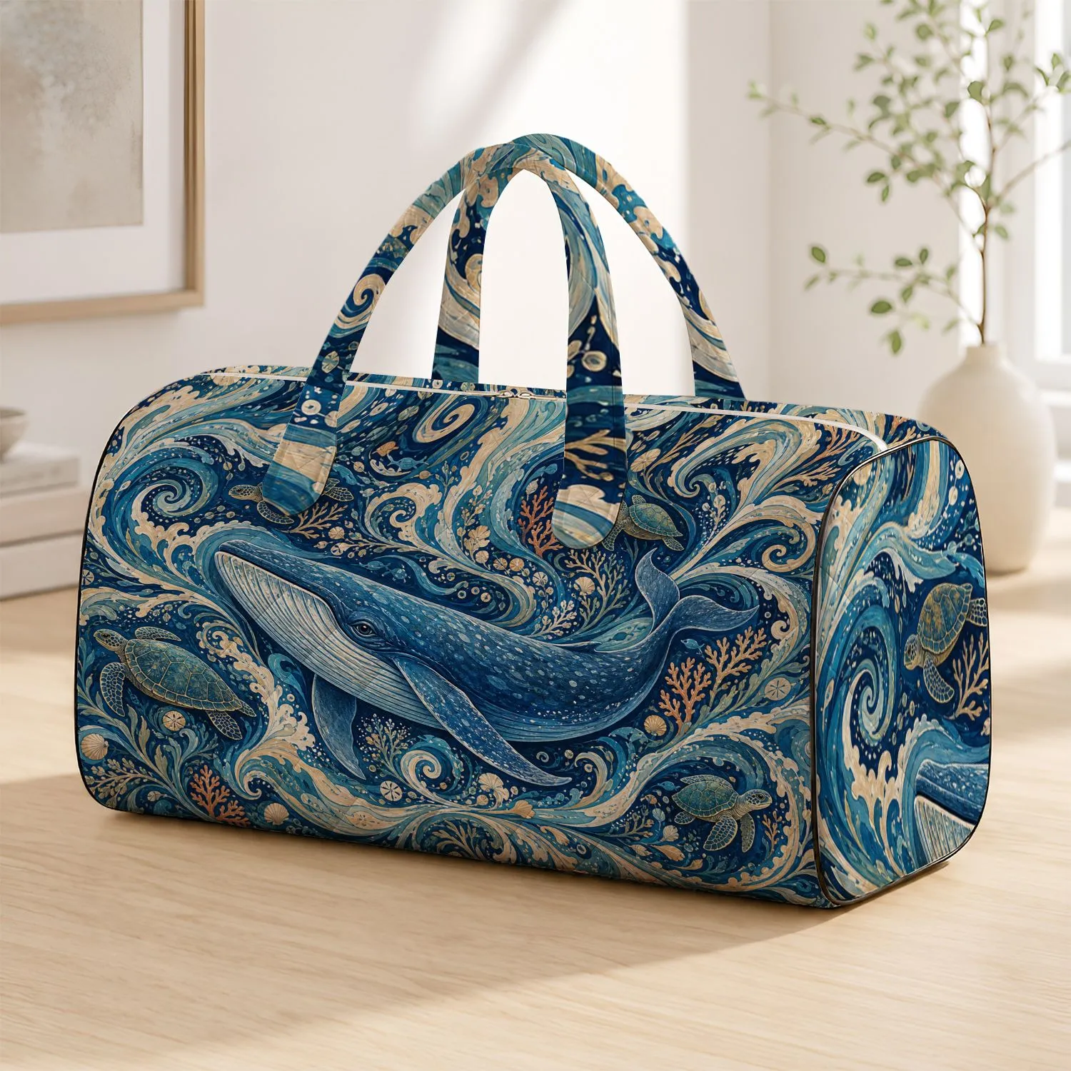Blue Whale And Sea Turtles In Swirling Coastal Waves For Ocean Travel Marine Life Fans Quilted Weekend Bag - 1