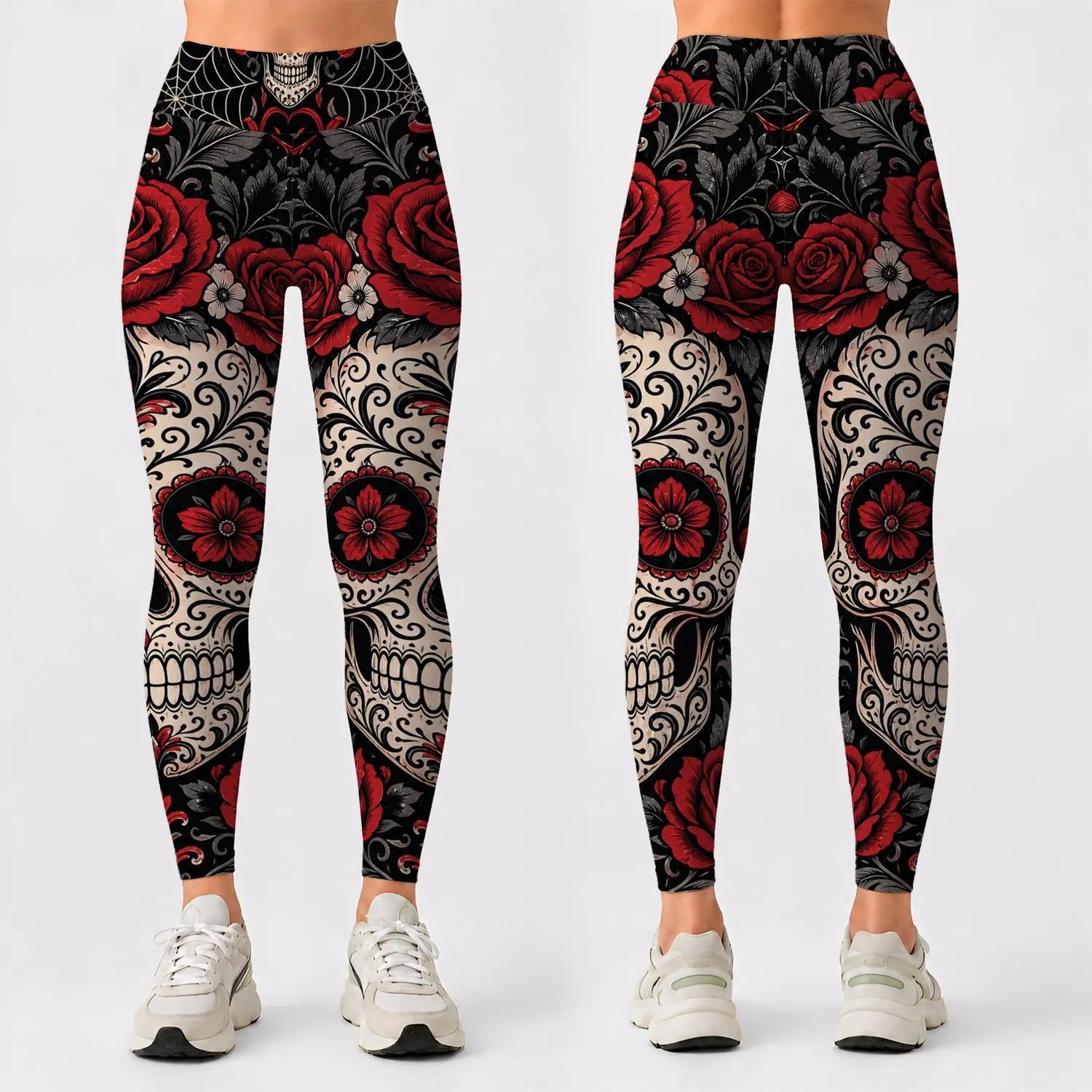 Gothic Sugar Skull With Red Roses For Halloween Yoga Workouts And Festival Style Leggings - 1
