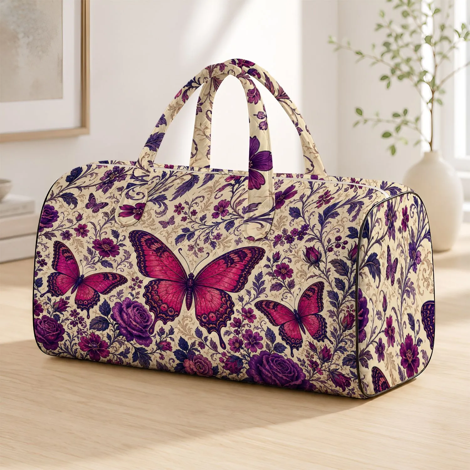 Vintage Botanical Butterflies With Violet Roses For Romantic Travel Style Women Gift Quilted Weekend Bag - 1