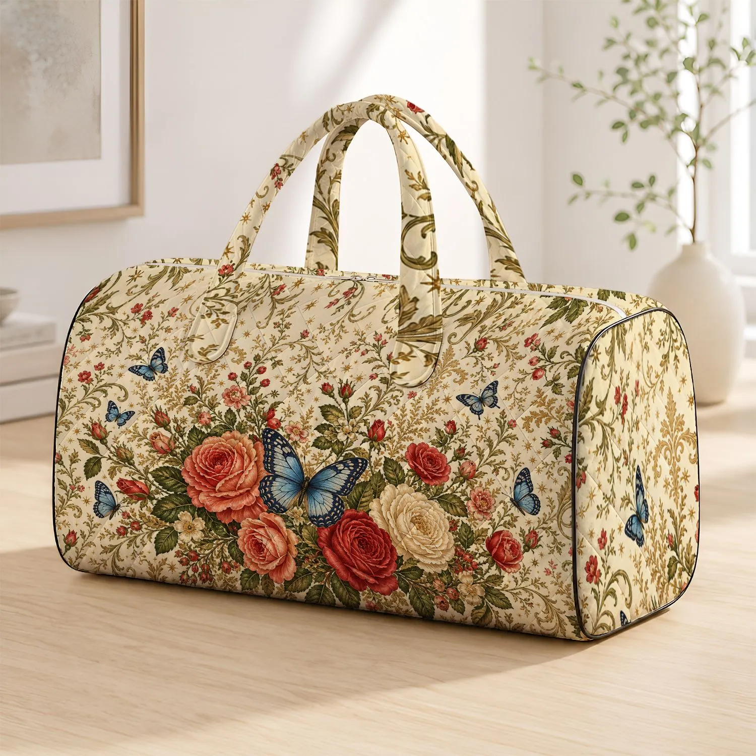 Vintage Christmas Roses And Blue Butterflies For Holiday Travel And Flower Lovers Quilted Weekend Bag - 1