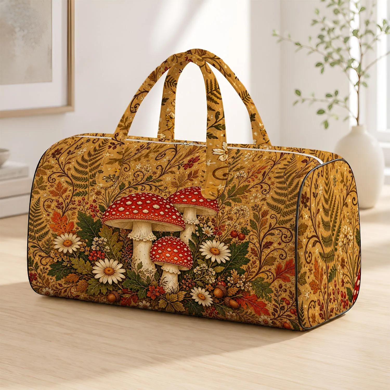 Fly Agaric Mushrooms And Daisies Enchanted Woodland Autumn Holiday Fairycore Style Quilted Weekend Bag - 1