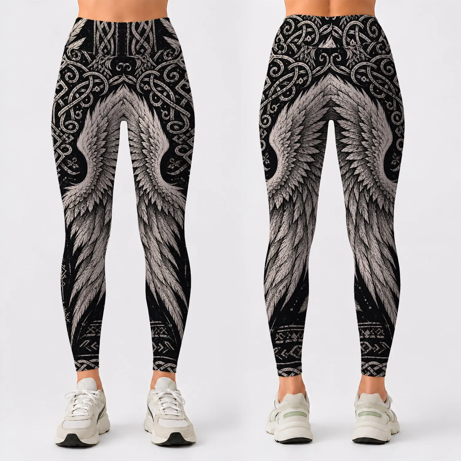 Gothic Angel Wings With Nordic Knotwork For Winter Festival And Dark Yoga Style Look Leggings - 1