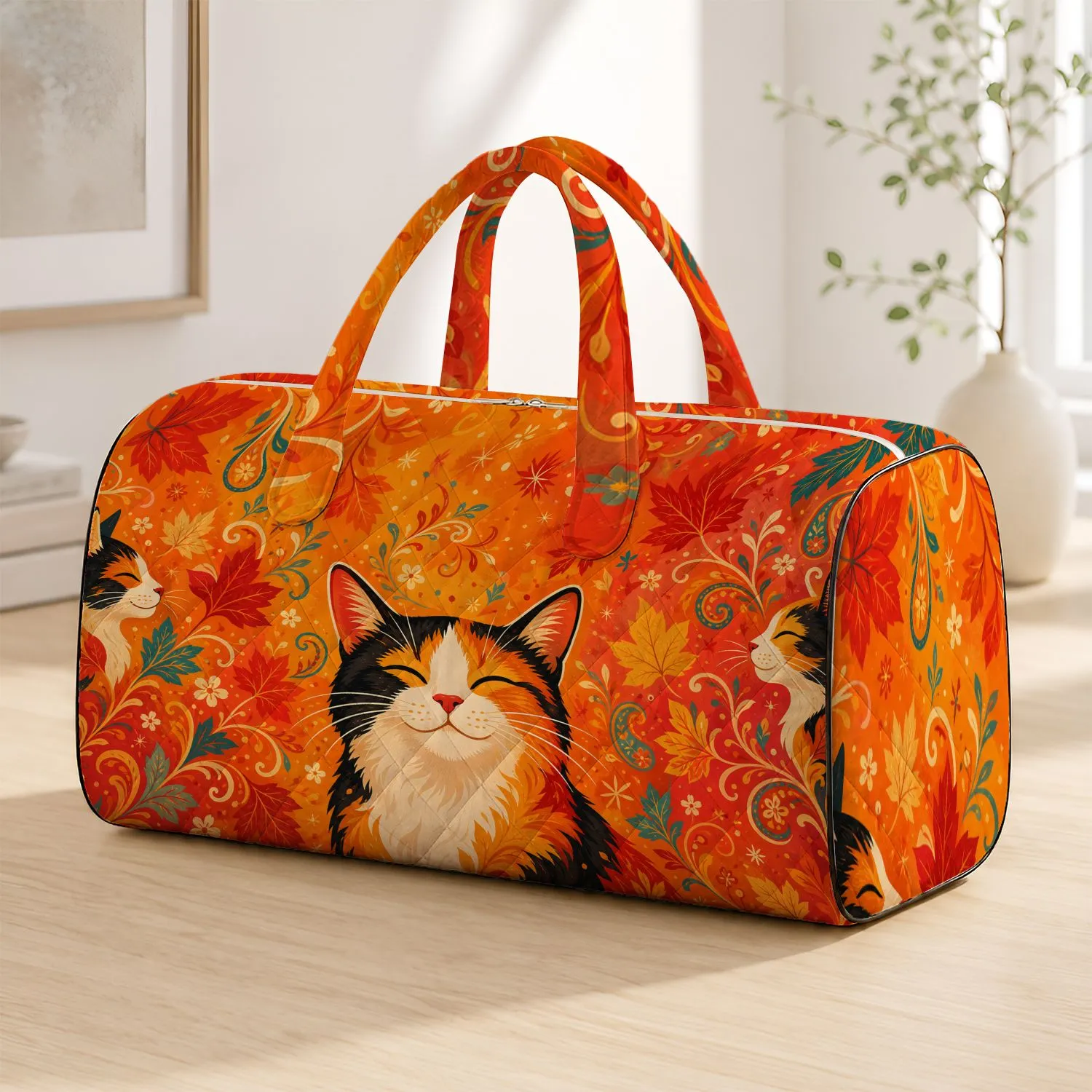 Joyful Calico Cat With Autumn Leaves And Warm Gradient Harvest Travel Style For Cat Lovers Quilted Weekend Bag - 1